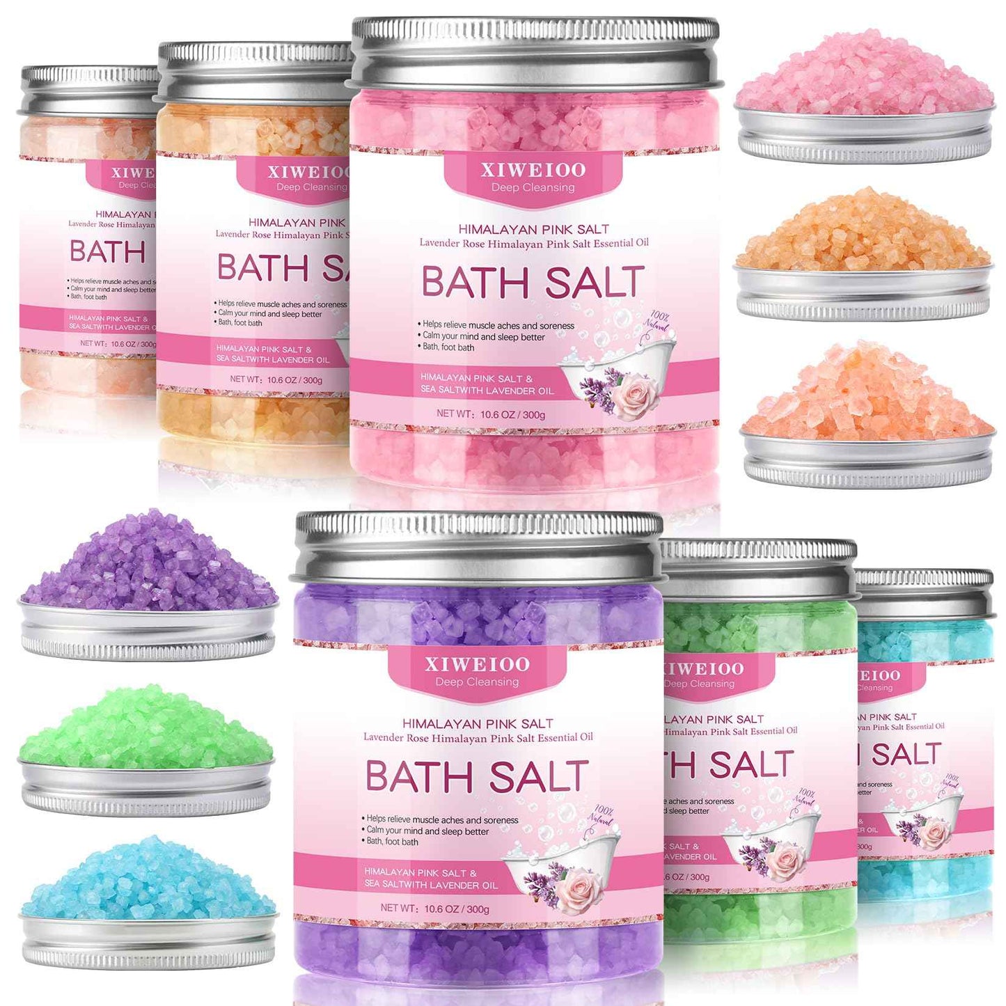 XIWEIOO 6 Pack Bath Salt KIT for Soaking Himalayan Pink Salt Lavender Orange Rose Pink Scent Epsom Salt Bubble Bath for Women Gift with Dead Sea Salt Moisturizing Skin Essential Oil