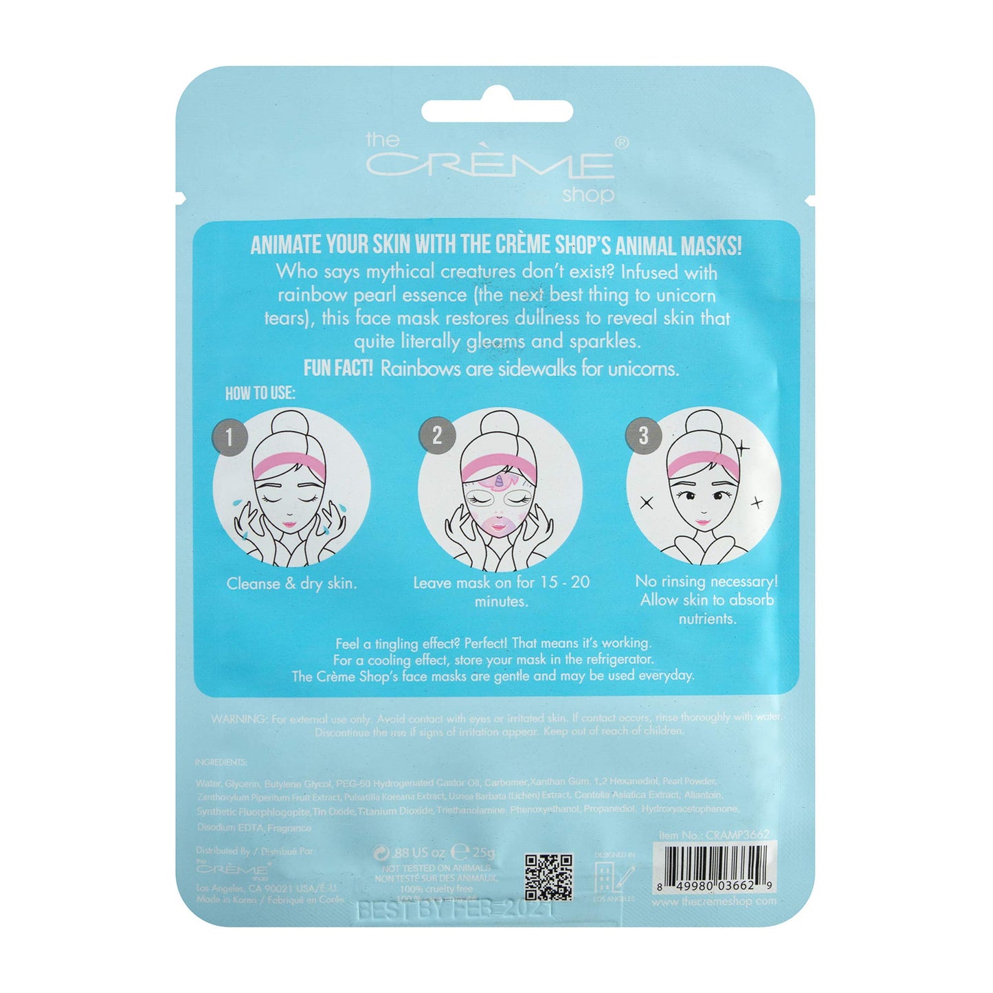 The Creme Shop Animal Sheet Mask, Korean, Hydrating, Collagen, Vitamin C, Anti-Aging - Pack of 3 (Unicorn)