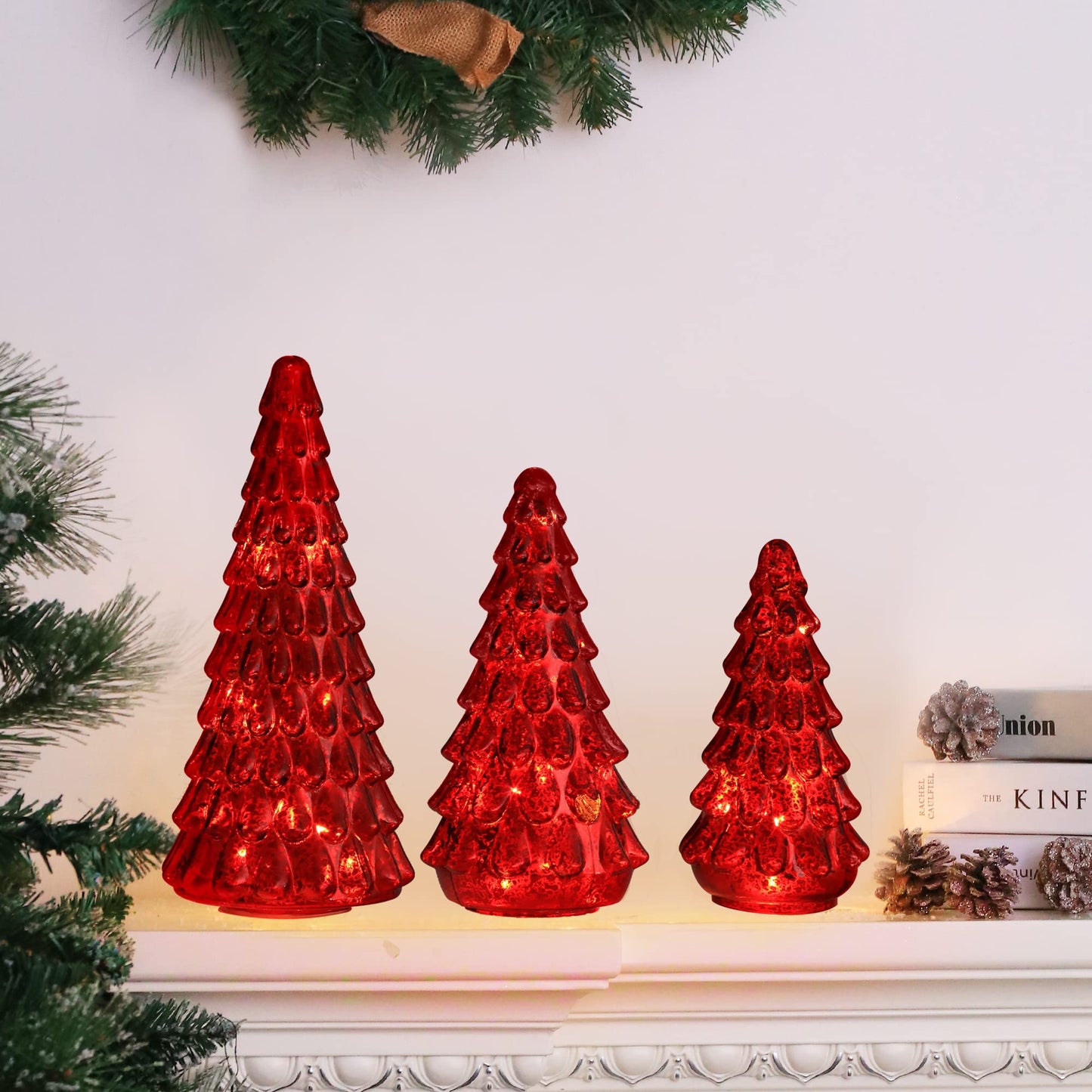 Costyleen 3PCS Christmas Ornaments Tree Set, Tower Shaped Glass Xmas Tree, Mercury Glass Tabletop Christmas Tree Decoration with LED Lights Home Table Decor Festive Gift 11.8in, 10.23in, 7.8in, Red