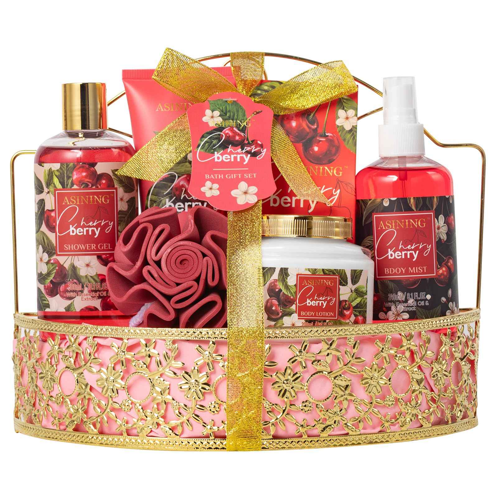Bath & Body Basket Set, Cherry Fruit Scent Spa Gift Basket with Shower Gel, Lotions for Women Gift Set, Spa Kits for Christmas Valentine's Birthday Gift All Occasion Holiday Gift Idea Luxury Bath Set