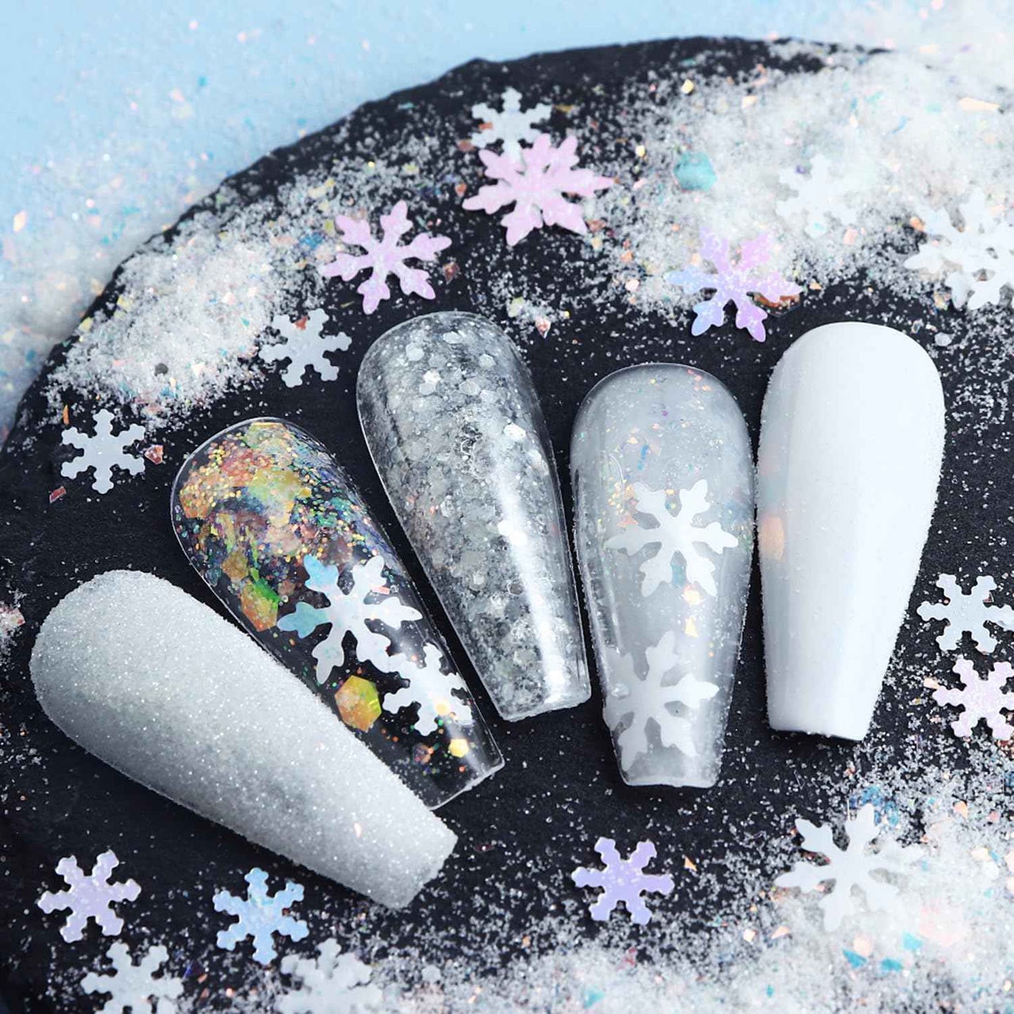 Totelux White Nail Glitter Powder Snowflakes Nail Sequins 6 Jars Winter Snowflakes Nail Art Flakes Powder Kit for Acrylic Christmas Nails Decorations DIY Crafts