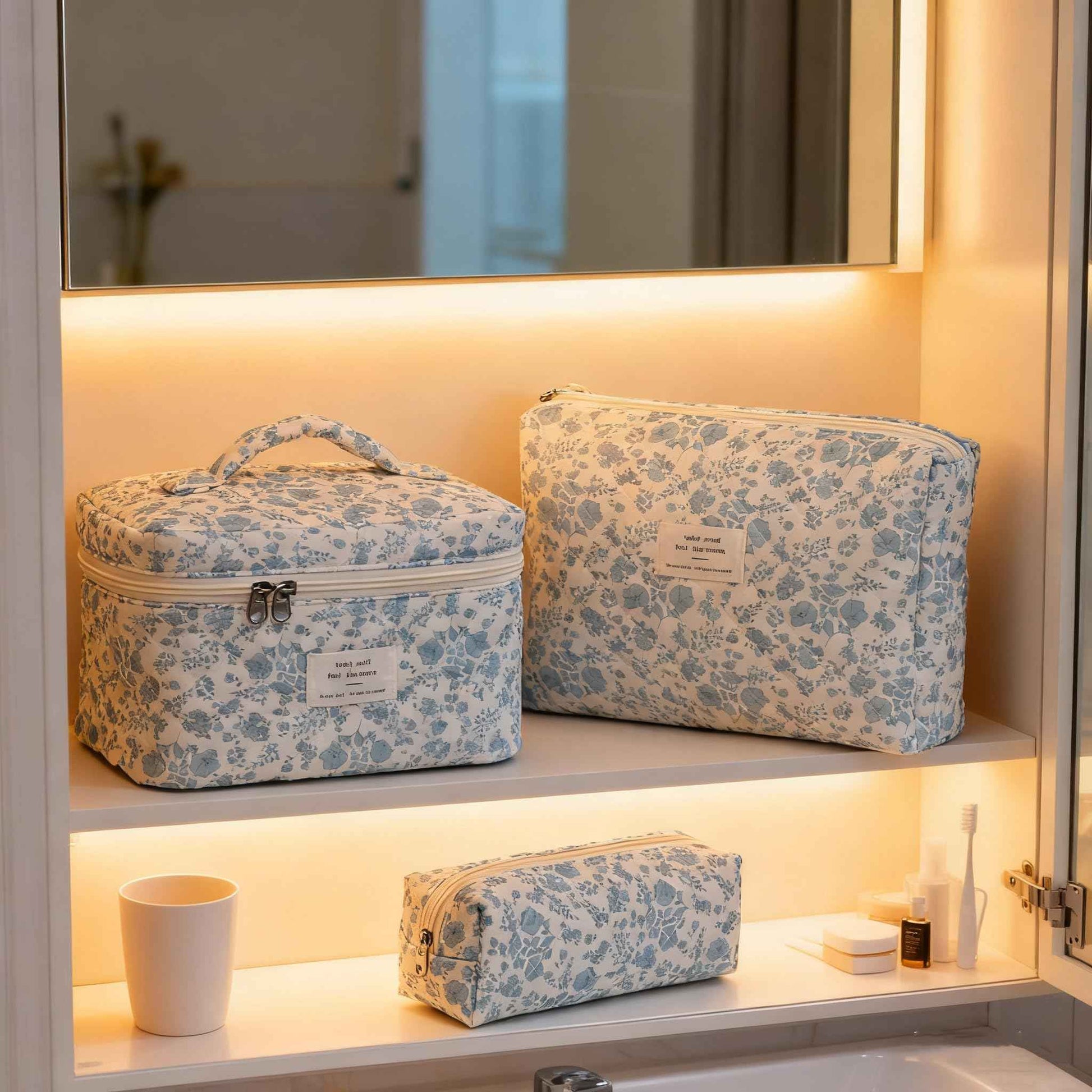 PGAXM 3PCS Makeup Bag,Quilted Cosmetic Bag,Large Floral Makeup Bag for Women,Cute Cotton Cosmetic Bag Set,Travel Toiletry Bag For Women