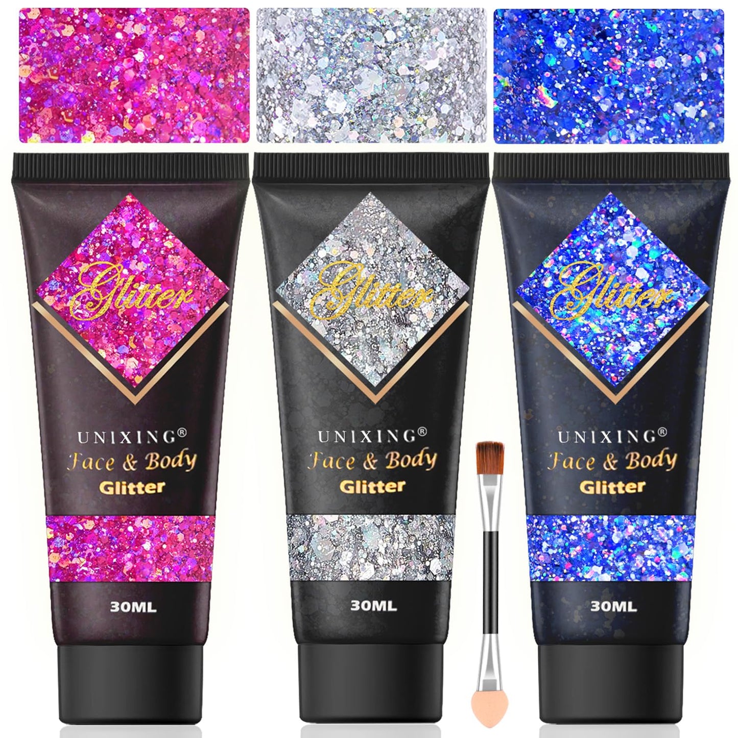 3Pcs Holographic Body Glitter Gel, Face Glitter Gel for Body Face Hair Lip Makeup, Sparkling Glitter Liquid Sequins for Women Girls Perfect for Music Festival Halloween Concerts Mardi Gras