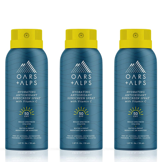 Oars + Alps Hydrating SPF 50 Sunscreen Spray, Infused with Vitamin C and Antioxidants, Water and Sweat Resistant, TSA Friendly, 1.87 Oz Each, 3 Pack