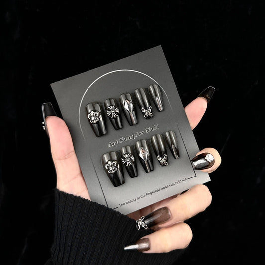 WhyNotNailIt Handmade Chrome Vintage False Nails, 10 pc Set with Jelly Gel - Silver Fleur-de-Lis Charm, Premium Press-On Nails for Timeless Elegance