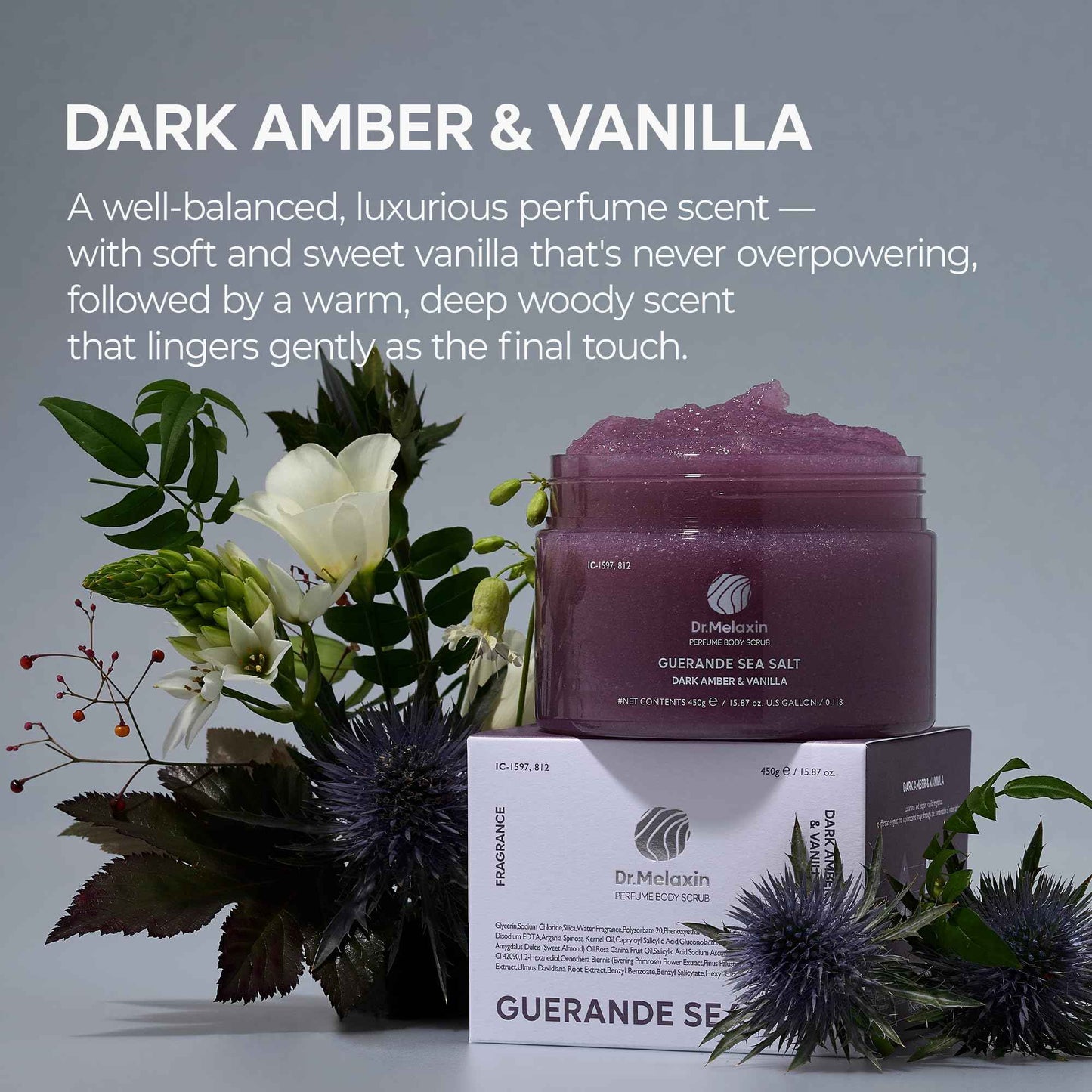 Dr.Melaxin Guerande Sea Salt Perfume Exfoliating Body Scrub for Smooth Skin Body, Amber & Vanilla Scent