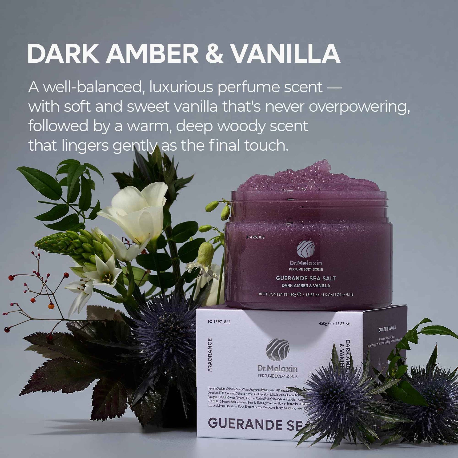 Dr.Melaxin Guerande Sea Salt Perfume Exfoliating Body Scrub for Smooth Skin Body, Amber & Vanilla Scent