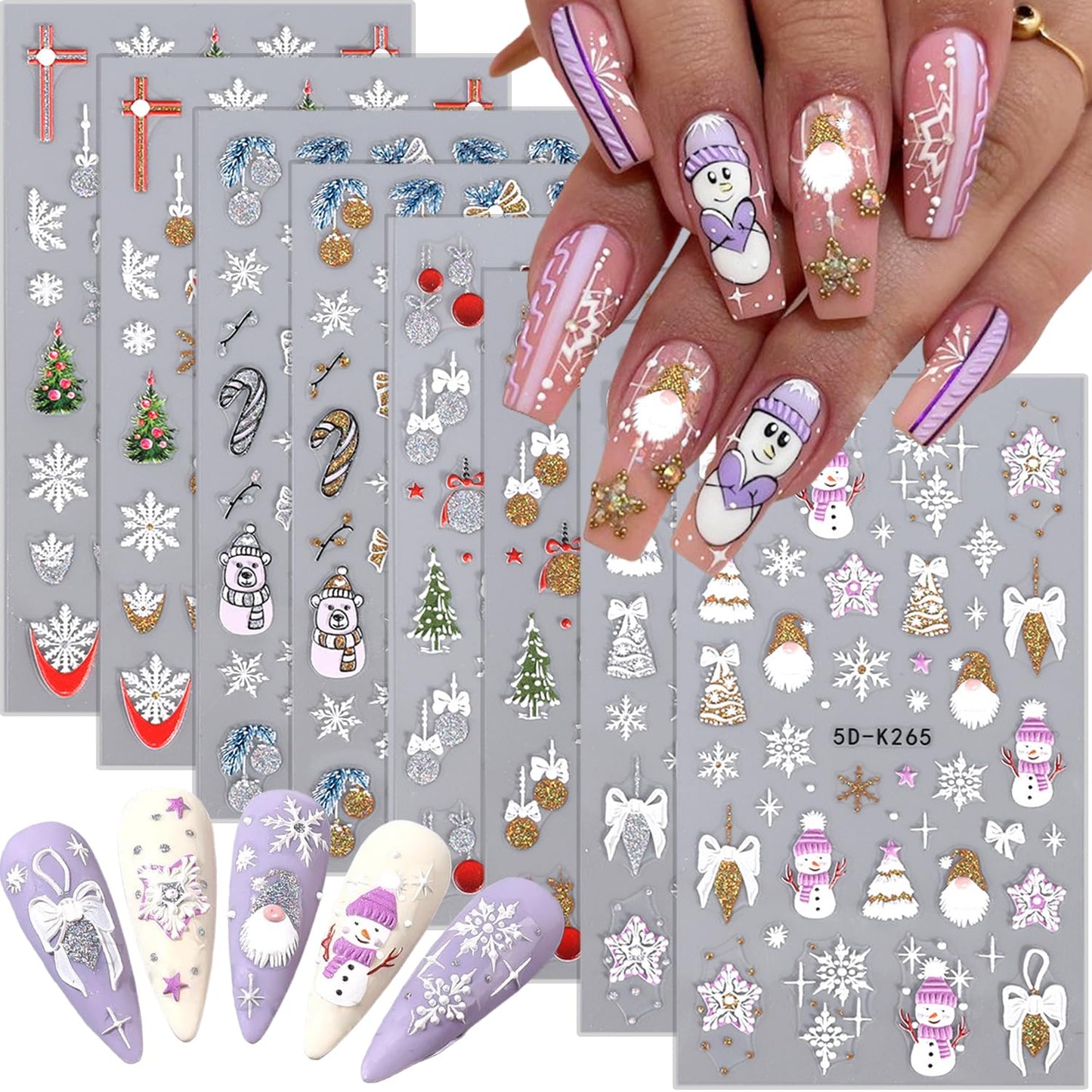 8 Sheet Christmas Nail Stickers for Nail Art 3D Snowflake Nail Art Stickers Self-Adhesive Xmas Nail Supplies Laser Gold Snowmen Elk Bell Nail Art Designs Holiday Nail Decals for Women Nail Decoration