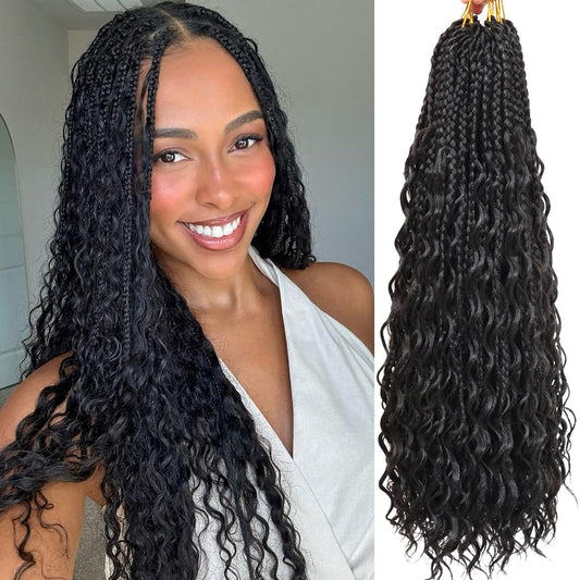 Eeanno Goddess Box Braids Crochet Hair 18 Inch 7 Packs Boho Crochet Braids for Women Pre Looped Crochet Box Braids with Curly Ends, 1B