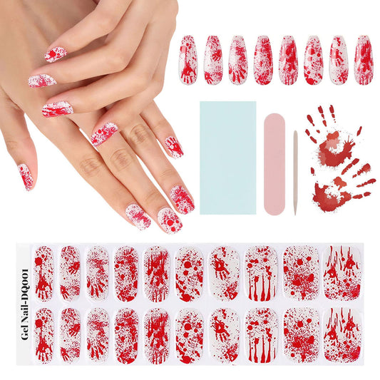 Halloween Gel Nail Strips, EBANKU 20Pcs Blood Handprint Halloween Gel Nail Wraps Stickers Red Semi Cured Nail Gel Polish Stickers for Women Girls Halloween Nail Art Decor(UV/LED Lamp Required)