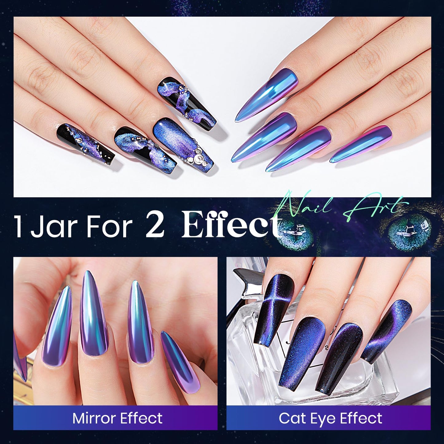 MIZHSE 9D Cat Eye Chrome Nail Powder Mirror Effect Blue Magnetic Glitter Pigment Powder for Gel Nails Chameleon Cateye Magic Galaxy Nail Art Powder with Magnet