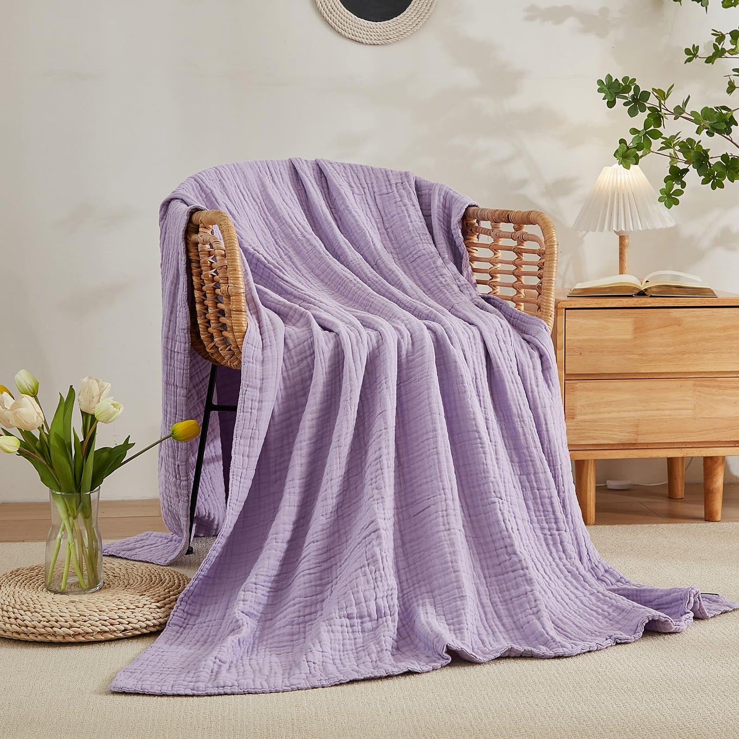 EMME Cotton Blanket Queen Size for Bed Soft Large Muslin Bed Blankets 80"x90" Lightweight Breathable Blanket All Season Gauze Blanket, Lavender