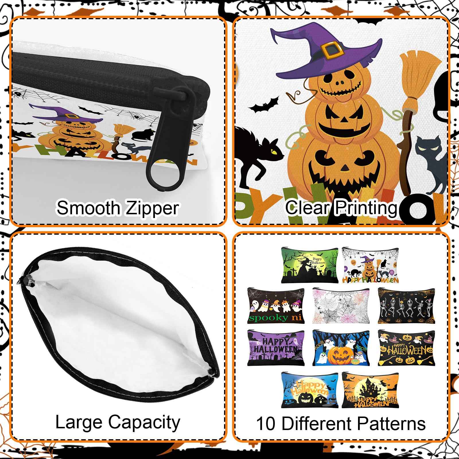 HSDSH 30Pcs Halloween Makeup Bag Cute Halloween Cosmetic Bag with Zipper Pumpkin Travel Toiletry Pouch Bag Organizer Halloween Party Gifts Supplies for Women