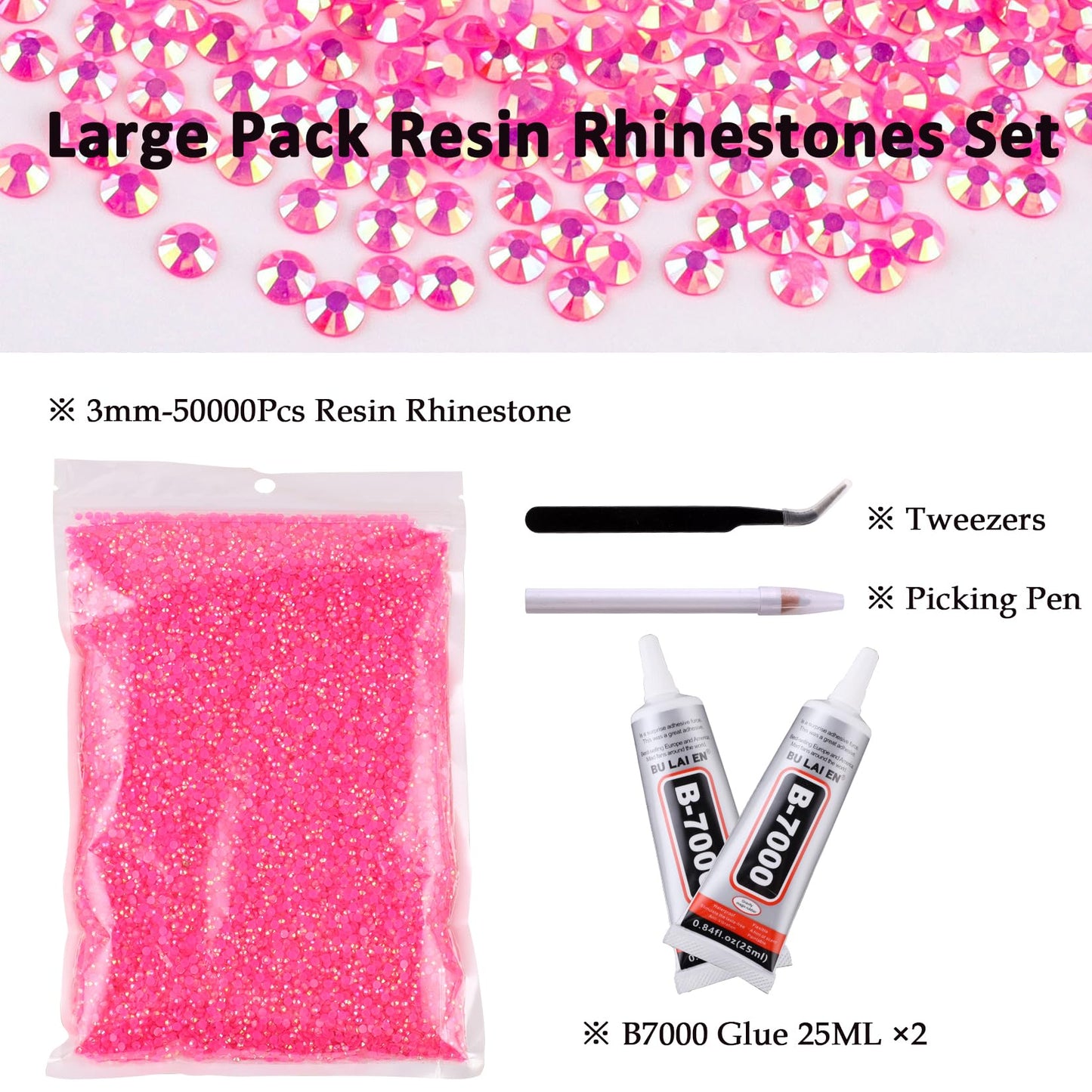 50000Pcs 3mm Hot Pink AB Resin Flatback Rhinestone, Jelly Resin Non-Hotfix Rhinestones for Crafts DIY Design, Tumblers, Clothes, Makeup, Nail Art