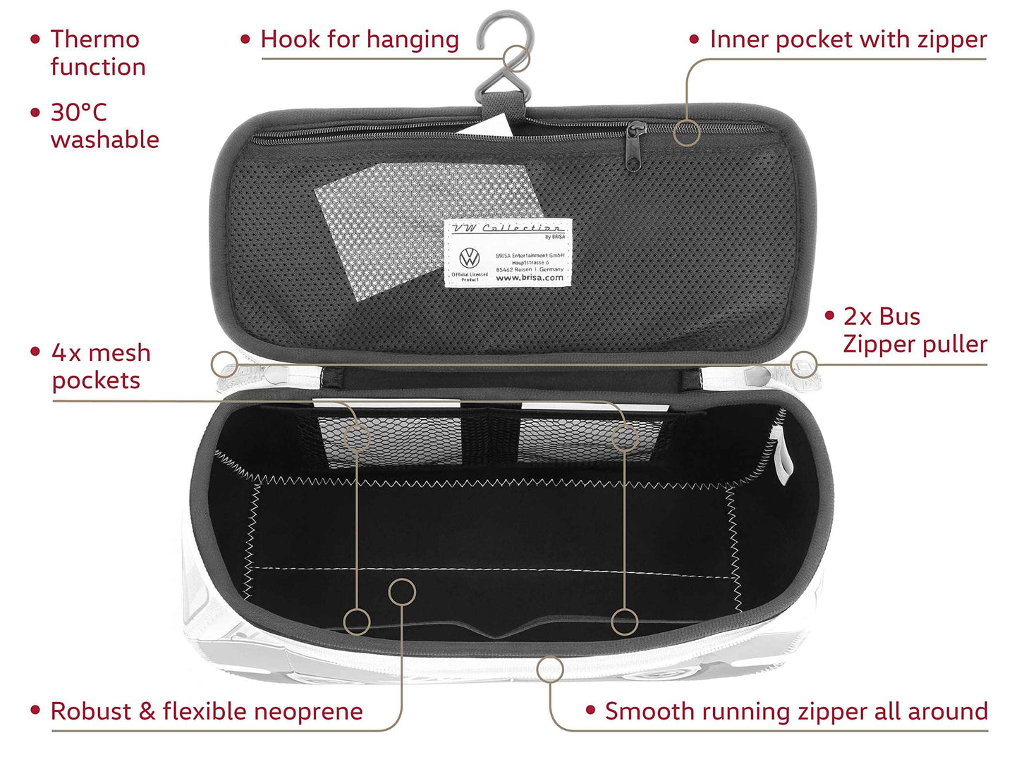 BRISA VW Collection - Volkswagen Neoprene Universal Makeup Cosmetics Toiletry Travel Pharmacy Bag in T1 Bus Design (Ambulance/Beige) (Large (11.8 x 5.5 x 4.7 inches))