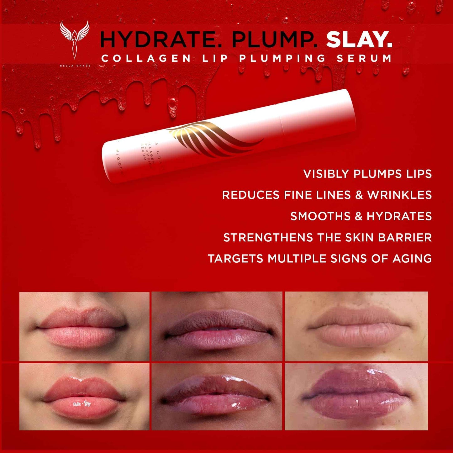 Bella Grace Vegan Collagen Lip Plumper Serum, Vitamin E, Peptides, Hydrating Lip Care Fuller Plumper Looking Lips, Supports Wrinkles, Fine Lines, Elasticity, Paraben, Sulfate & Cruelty Free, 0.1 fl oz