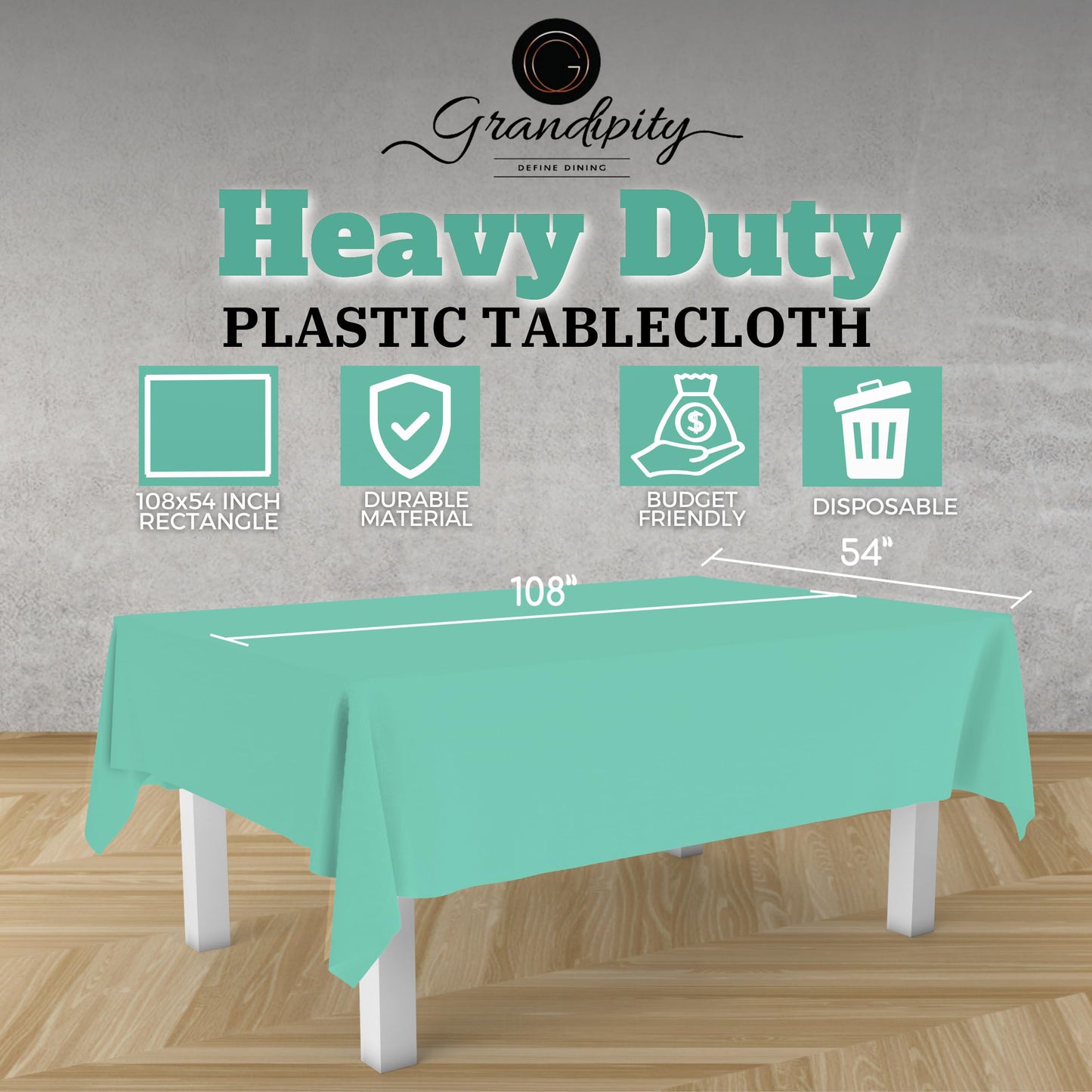 Grandipity Aqua 12 Pack Premium Disposable Plastic Tablecloth 54 Inch. x 108 Inch. Decorative Rectangle Table Cover