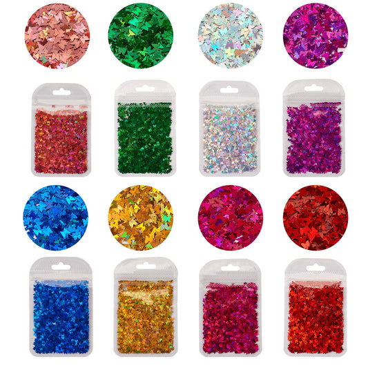 Cheriswelry 8 Bags Butterfly Nail Glitter Iridescent Nail Flakes Designs Nail Glitter Sequins Manicure Sparkle Decorations Chunky Glitter Sequins 3x3mm for Women Girls Crafts Painting Decor