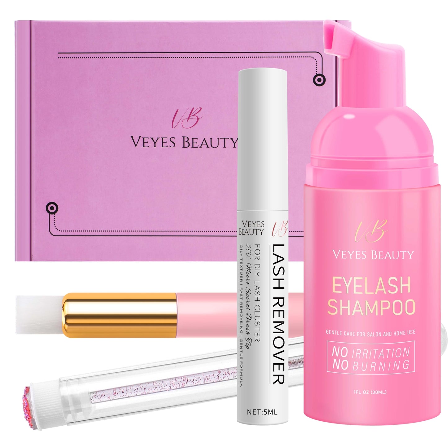 VEYESBEAUTY Cluster Lash Remover & Cleaner Kit DIY Lash Aftecare Kit for Eyelash extensions and Natural Lashes, Remover, Shampoo, Cleansing Brush, Mascara Wand Self-Application Eyelash Cleansing Kit