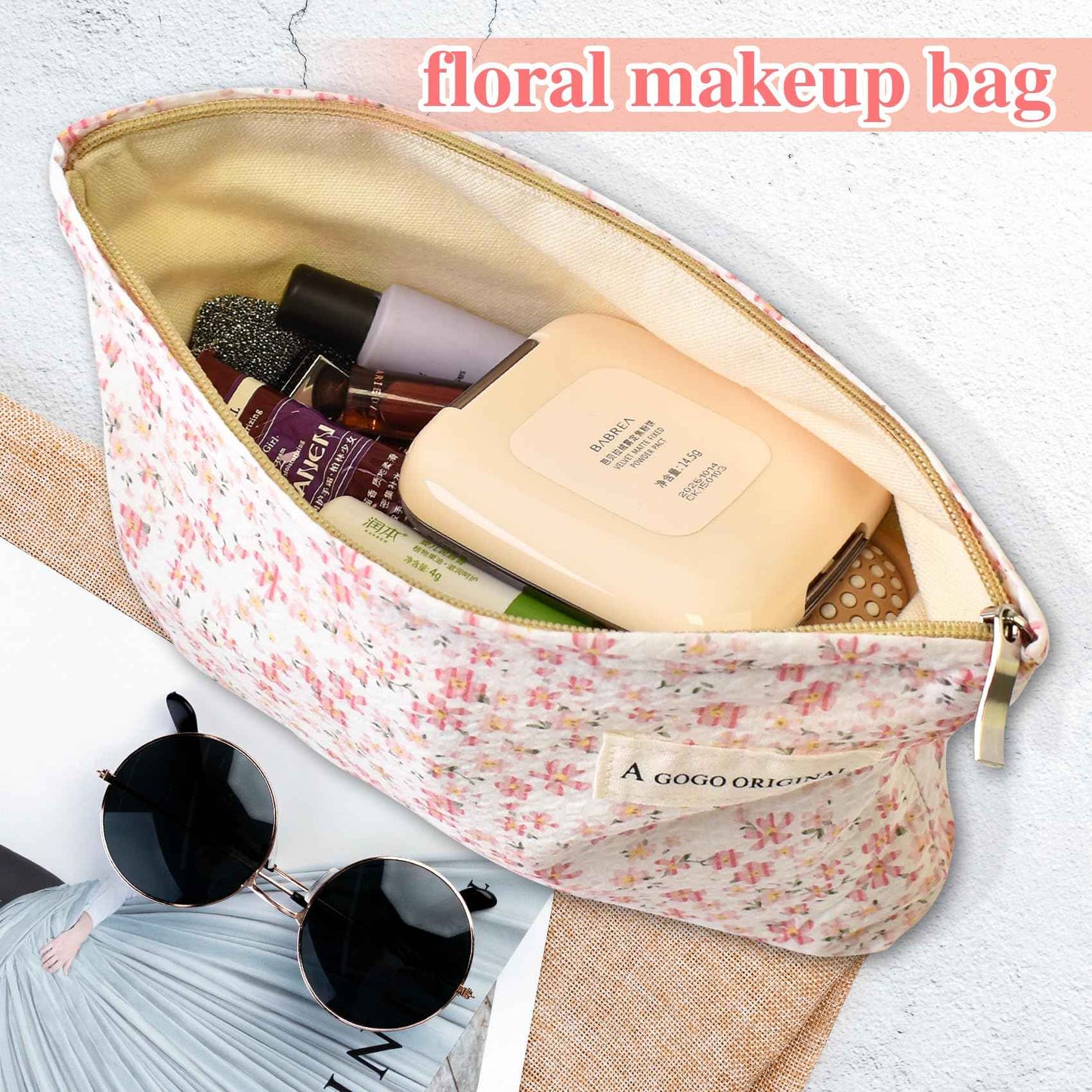 Loyzcy Aesthetic Makeup Bag Cotton, Quilted Floral Make up Bags, Make Up Pouch, Toiletry Bag Women, Floral makeup bag, Cosmetics Organizer Pouch, Pencil Case for Daily Use (Pink)