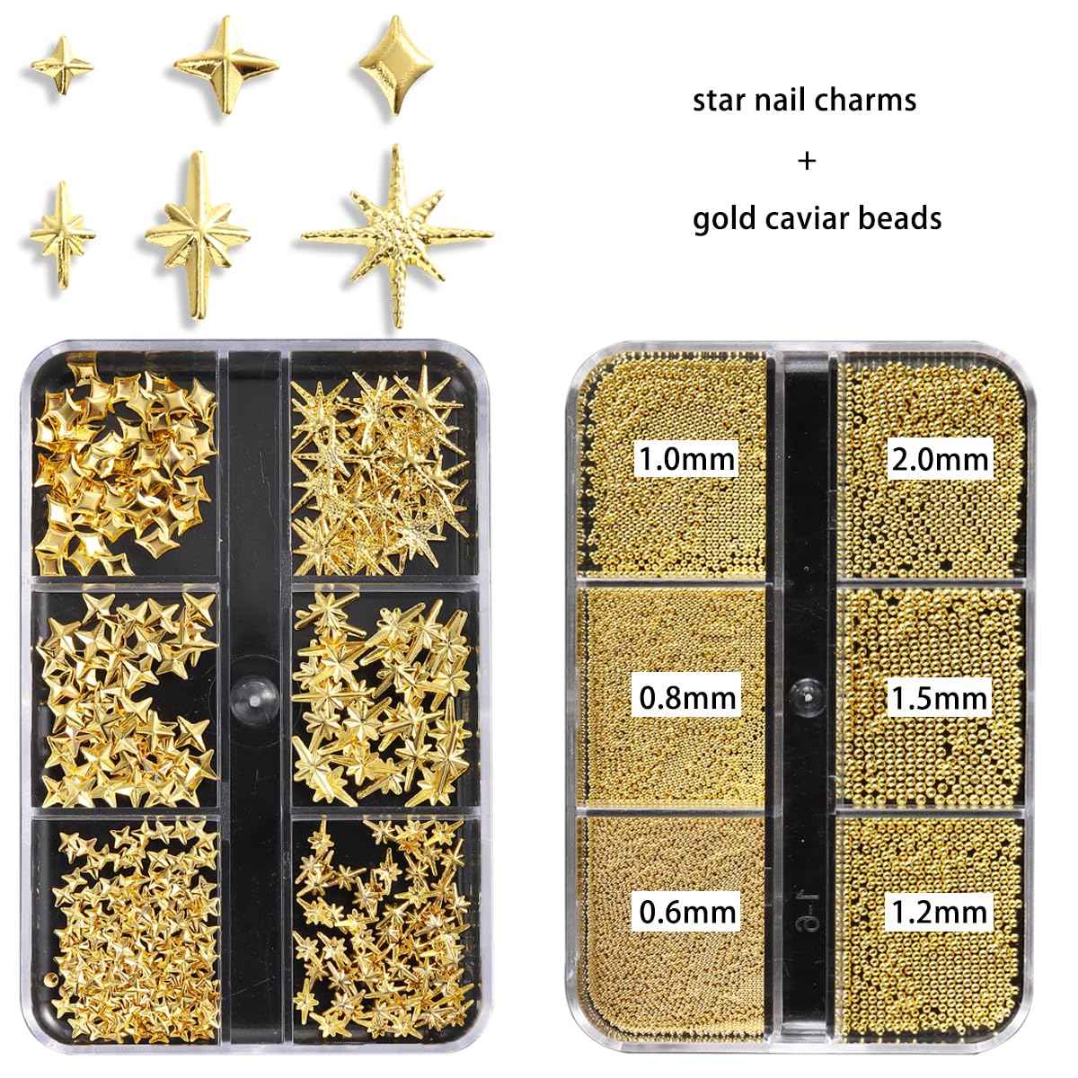 Fspronail Star Nail Charms, 2 Boxes Gold Nail Charms Twinkle Stars Cross Metal Charms for Nails Design Studs Rivets Mix Size Gold Caviar Nail Beads Y2K Decoration for Acrylic Nails