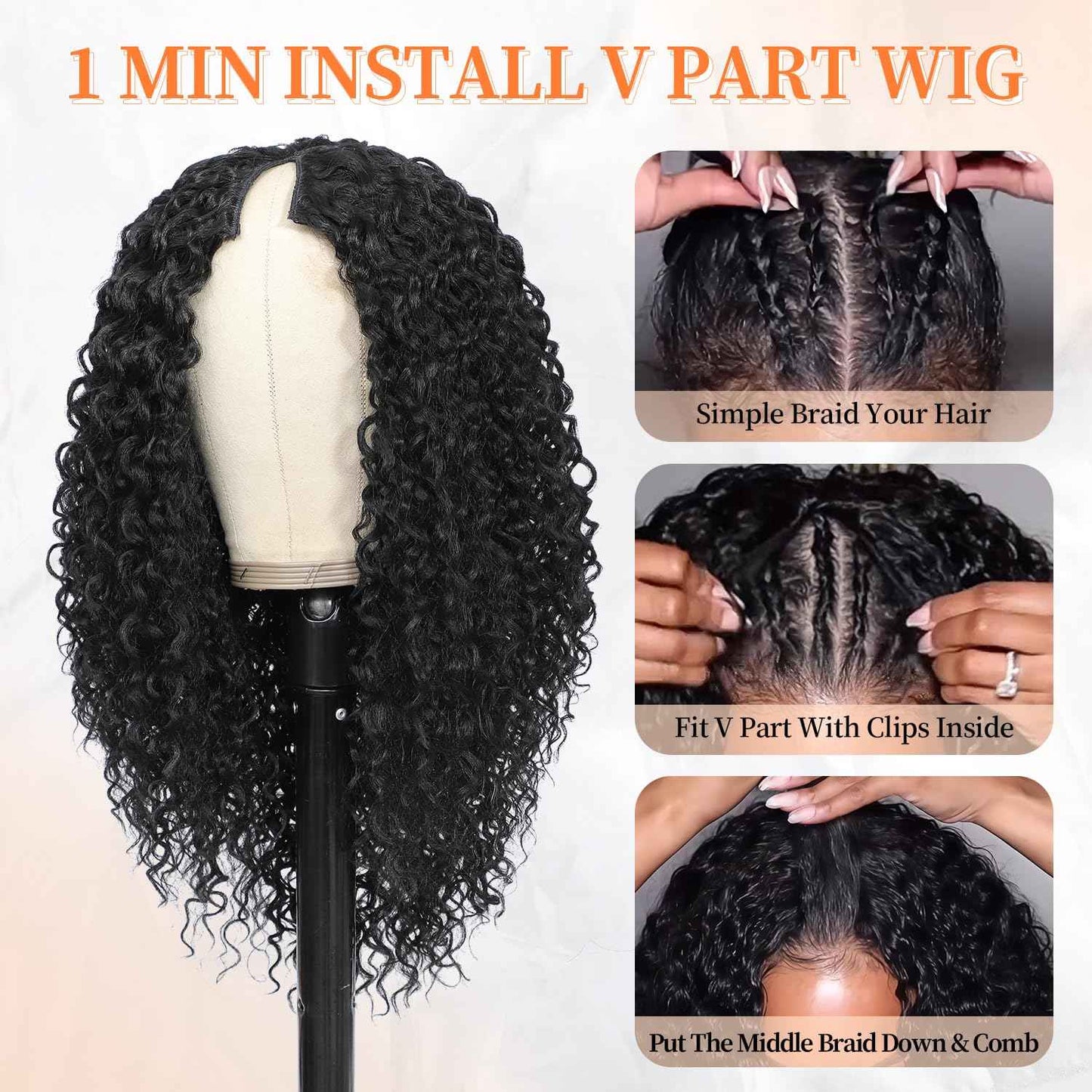 HUA 14 Inch Curly V Part Wig Human Hair Mixed Synthetic Upgrade U Part Human Hair Wig for Black Women Daily Use Glueless V Shape Wigs Afro Curly Wigs 180% Density Natural Black Color