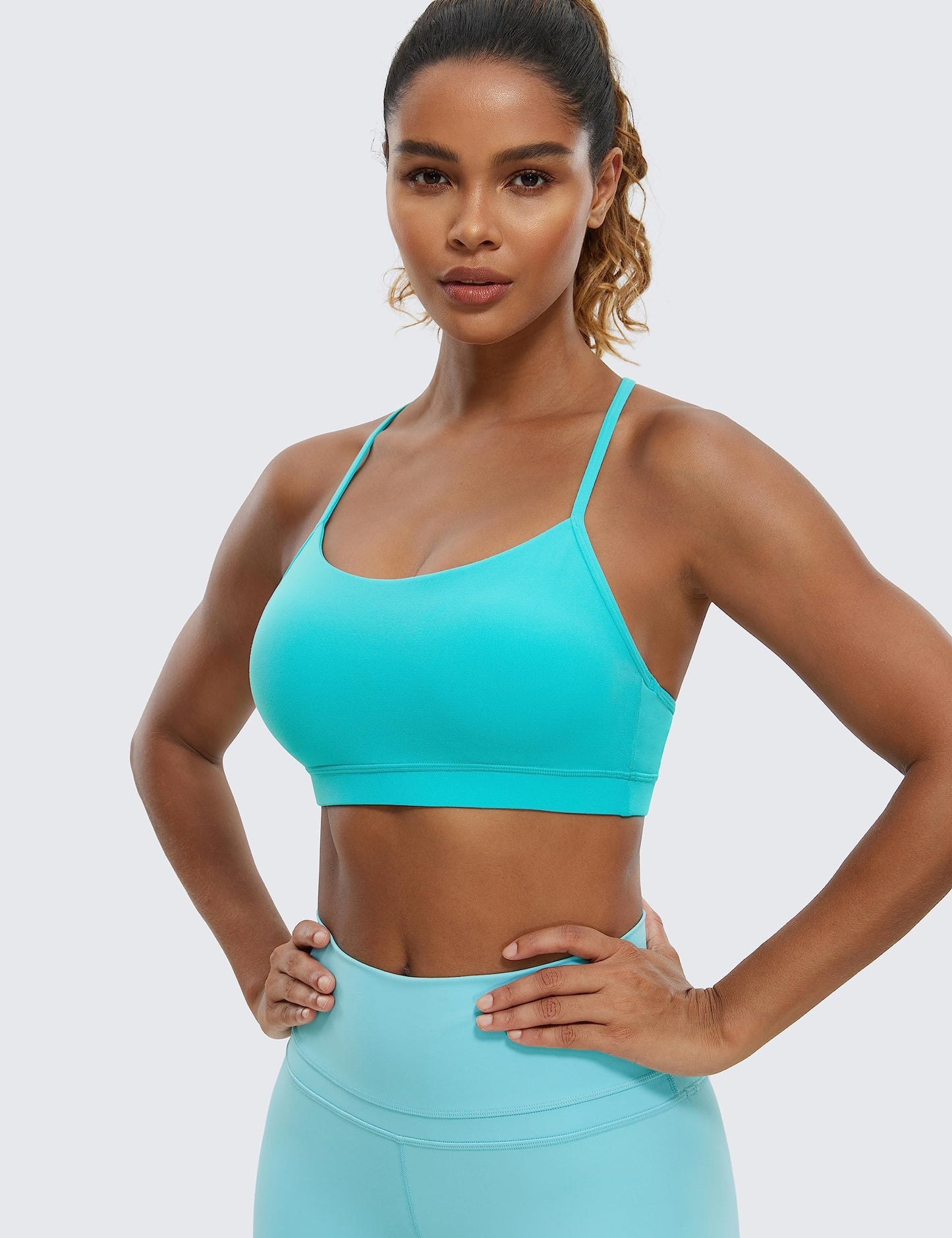 CRZ YOGA Butterluxe Womens Y Back Sports Bra - Padded Racerback Low Impact Spaghetti Thin Strap Workout Yoga Bra (Neon) Spectral Blue X-Small