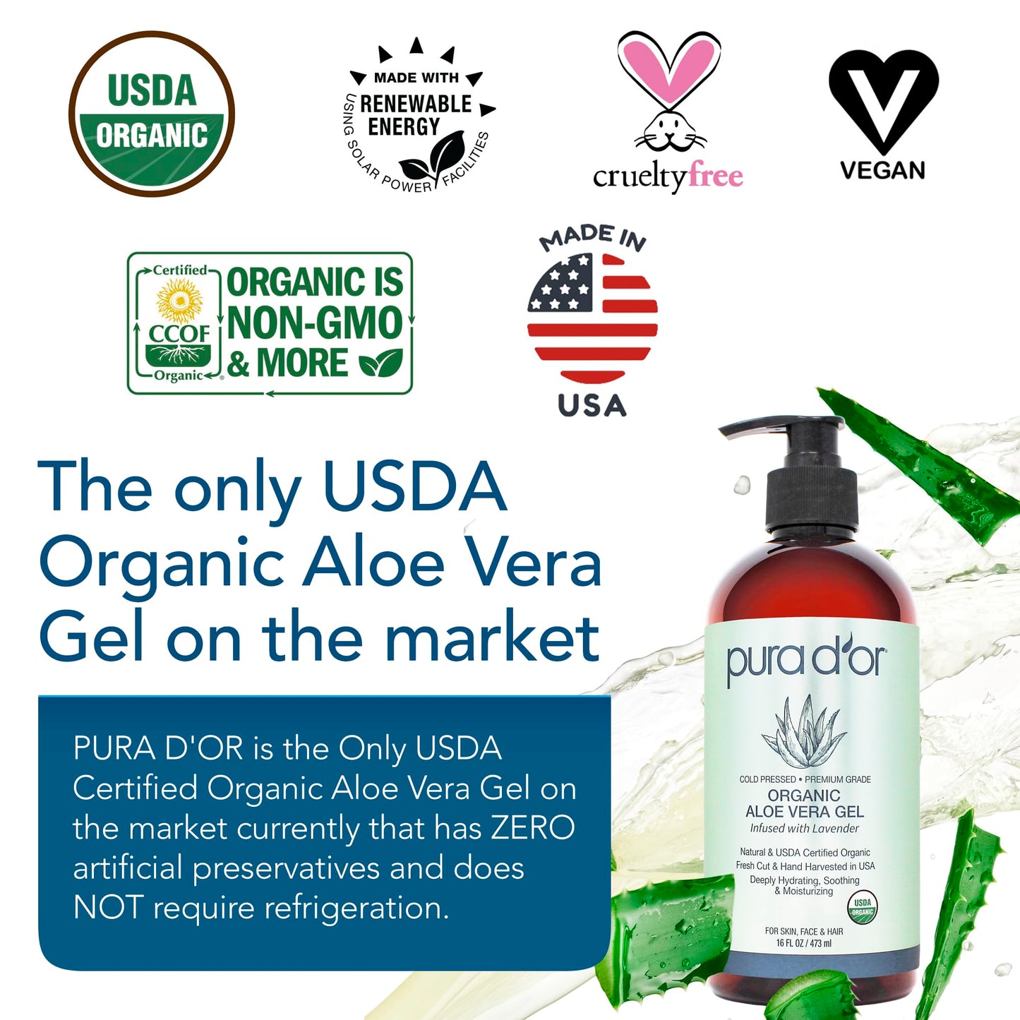 PURA D'OR ORGANIC Aloe Vera Gel Lavender (16 Oz X 3) All Natural - ZERO Artificial Preservatives - Deeply Hydrating & Moisturizing - Sunburn, Bug Bites, Rashes, Small Cuts, Eczema Relief - Skin & Hair