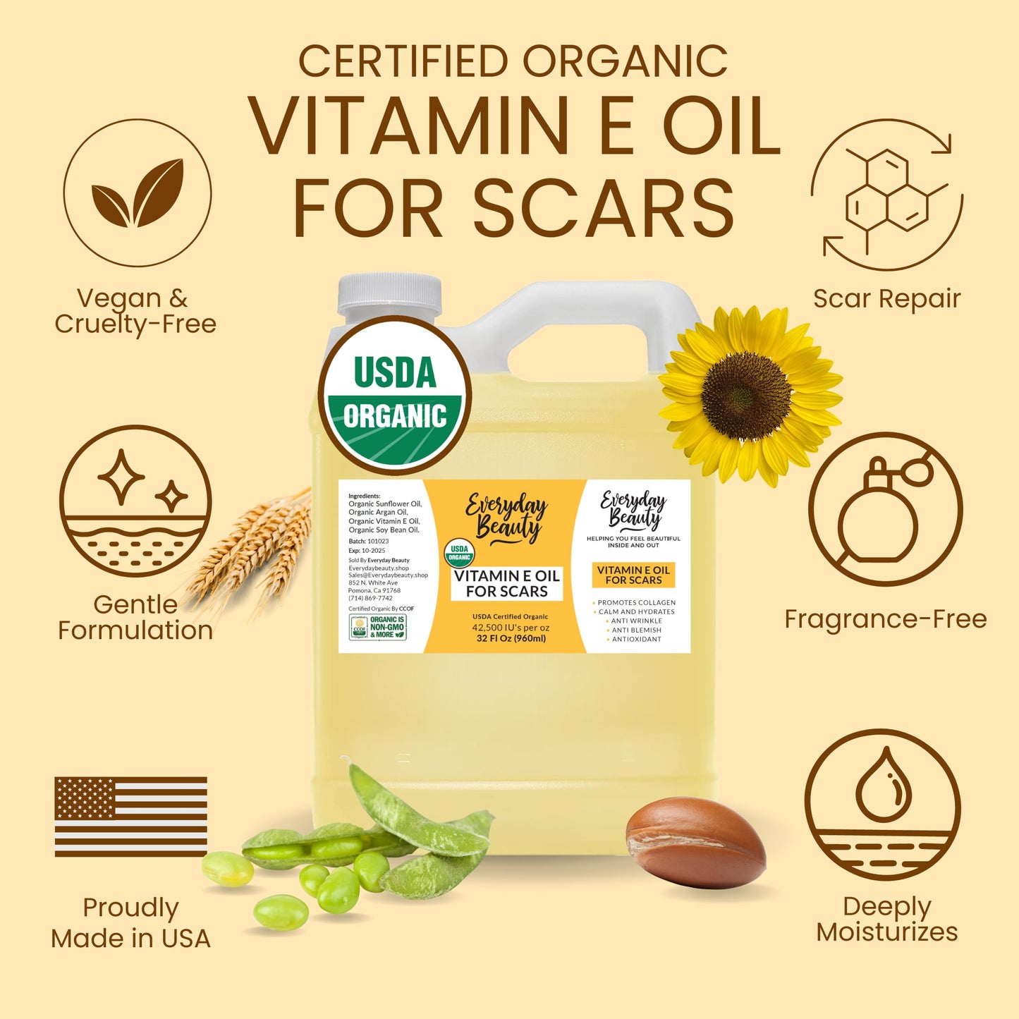 Organic Vitamin E Oil Bulk - 32oz USDA Certified 100% All Natural Plant Based - Light and Unscented Great for Scars After Surgery - For Face, Skin and Nails - Anti-Aging, Reduce Appearance of Wrinkles