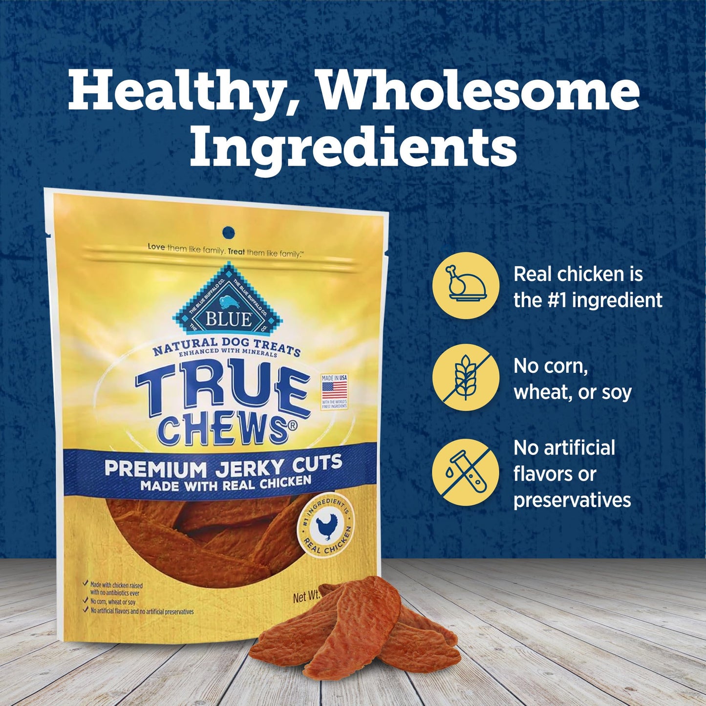 Blue Buffalo True Chews Premium Jerky Cuts Dog Treats, Made in the USA with Natural Ingredients and No Antibiotics Ever, Chicken, 4-oz. Bag