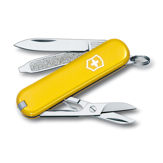 Victorinox Classic SD Swiss Army Knife, Compact, 7 Functions, Swiss Made Pocket Knife with Small Blade, Screwdriver and Key Ring - Sunny Side (Yellow)