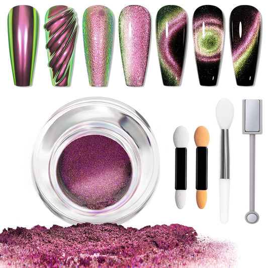 MIZHSE 9D Cat Eye Chrome Nail Powder Mirror Effect Pink Magnetic Glitter Pigment Powder for Gel Nails Chameleon Cateye Magic Galaxy Nail Art Powder with Magnet