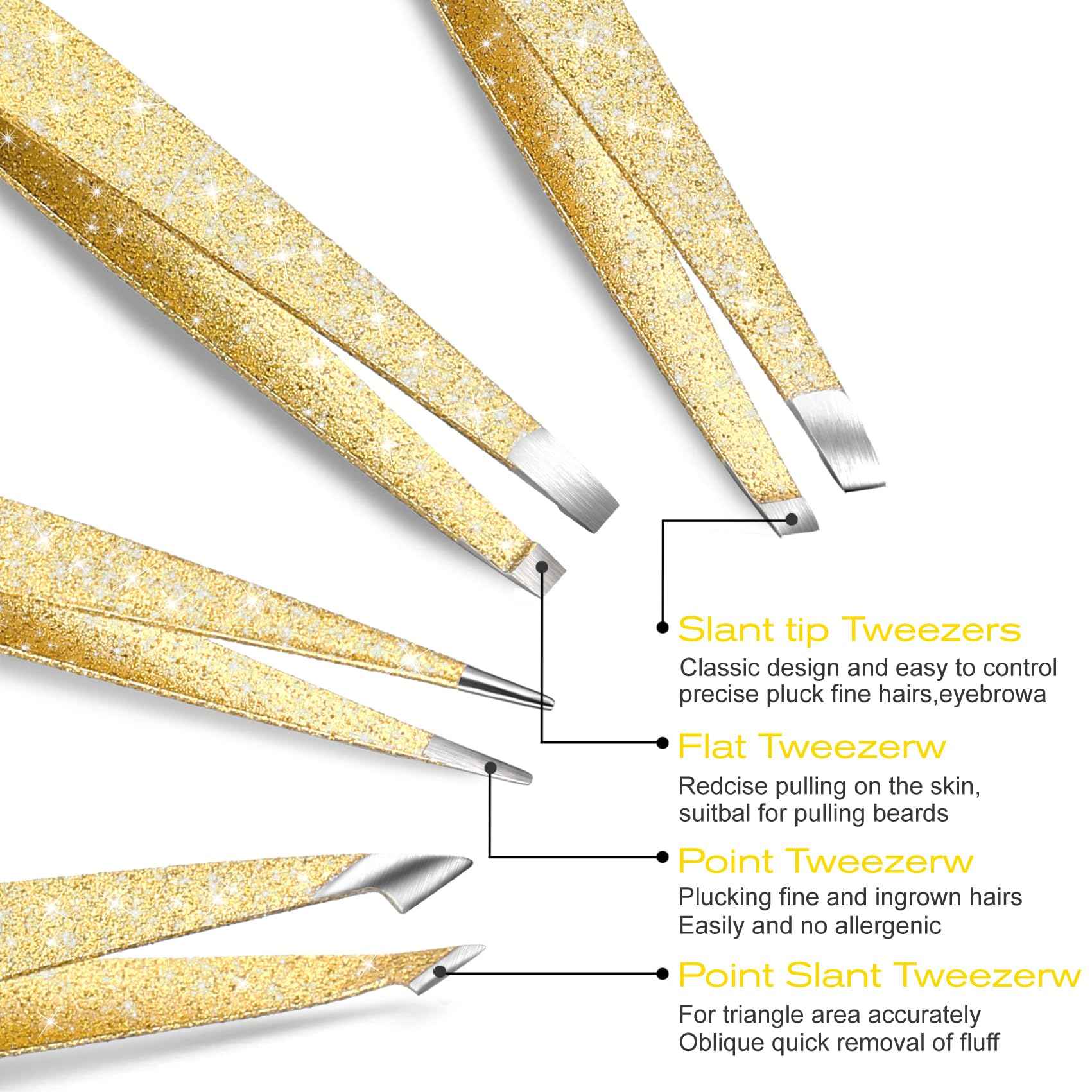 FungChoi 4-Pcs Glitter Stainless Steel Precision Tweezer Set for Eyebrows, Ingrown Hair & Lash Extensions (Gold)