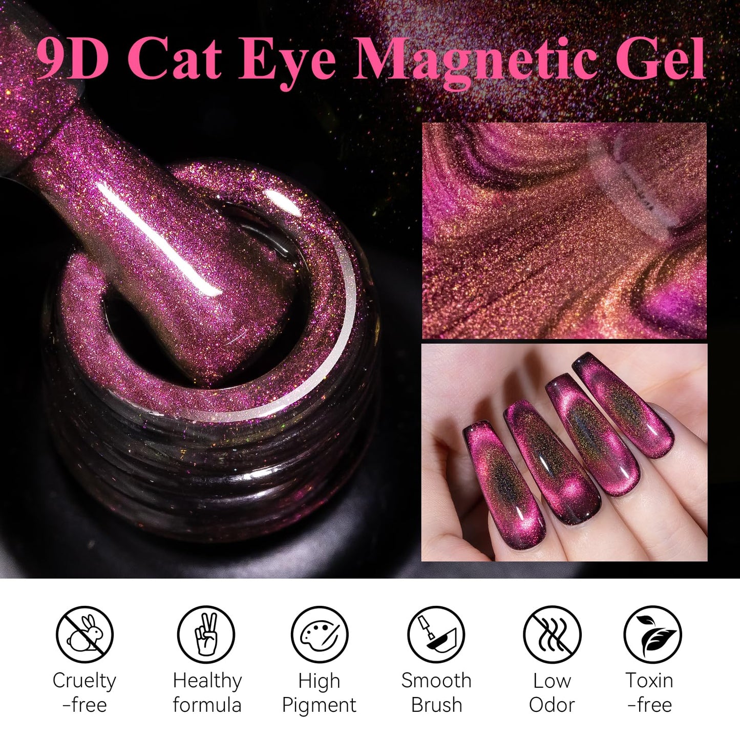 MIZHSE 9D Cat Eye Gel Nail Polish, Pink Magnetic Gel Polish with Magnet Stick, Magic Shimmer Galaxy Effect Holographic Glitter Silky Cat Eye Nail Polish Soak Off Nail Art Salon Manicure DIY at Home