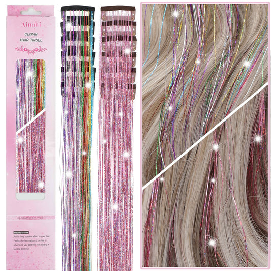 12Pcs Hair Tinsel Clip in 20Inch Glitter Tinsel Hair Extensions Fairy Hair Clip in Hair Tinsel Heat Resistant, Colorful Pink Sparkly Hair Accessories for Girls Women Kids (Pink 6Pcs+Colorful 6Pcs)