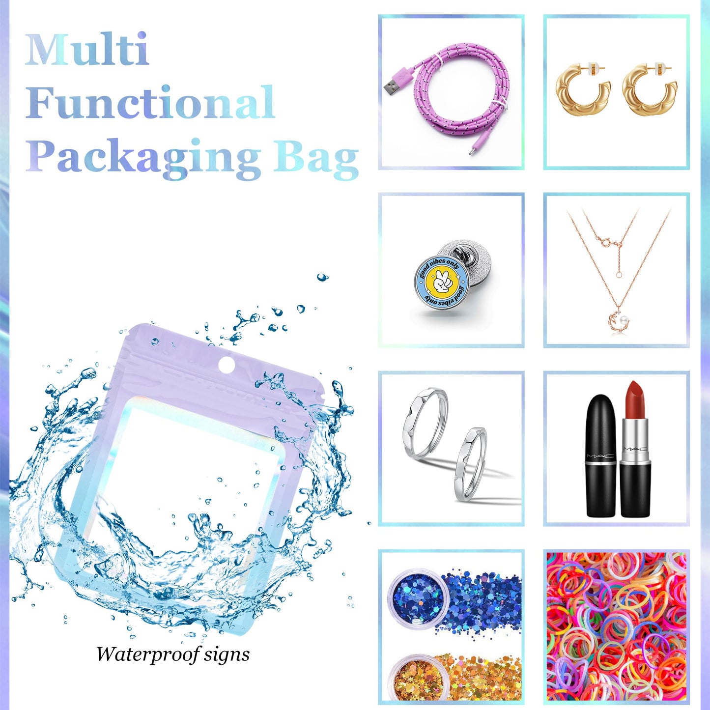 100PCS Press on Nail Packaging Bag and 100PCS White Cardboard Nail Tips Packaging Bags Empty Holographic Nail Storage Bags with 1 Roll Transparent Tape for Press on Nail Business (Purple-blue, small)