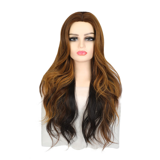 Jinnhelun Long Wavy Wigs for Women Synthetic Hair Wig Natural Look Middle Part Wigs for Daily Use (Ombre brown XXT)