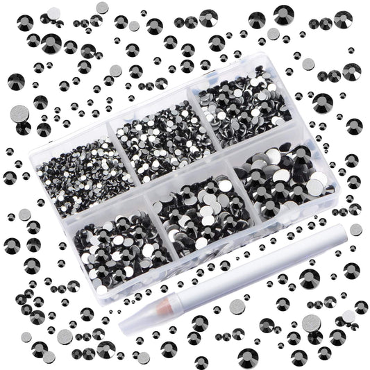 AD Beads 4300 Pieces Flat Back Nail Art Rhinestones Round Beads 6 Sizes (2-6.5mm) with Storage Organizer Box,Rhinestones Picking Pen for Nail Art Phone Decorations Crafts DIY (Black)