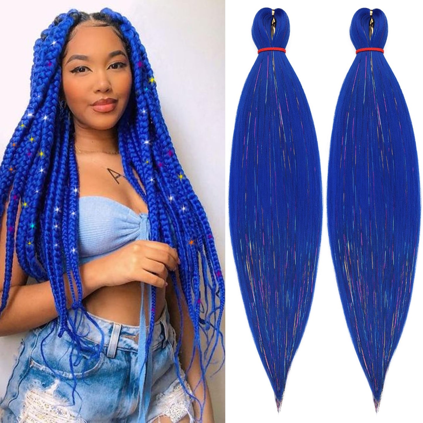 Unionbeauty 2 Packs 26 Inch Blue Pre Stretched Braiding Hair with Tinsel Shinny Kanekalon Box Braids for Boho Box Braids Yaki Texture Crochet Braids Easy Braid Hair Extensions Synthetic Crochet Hair