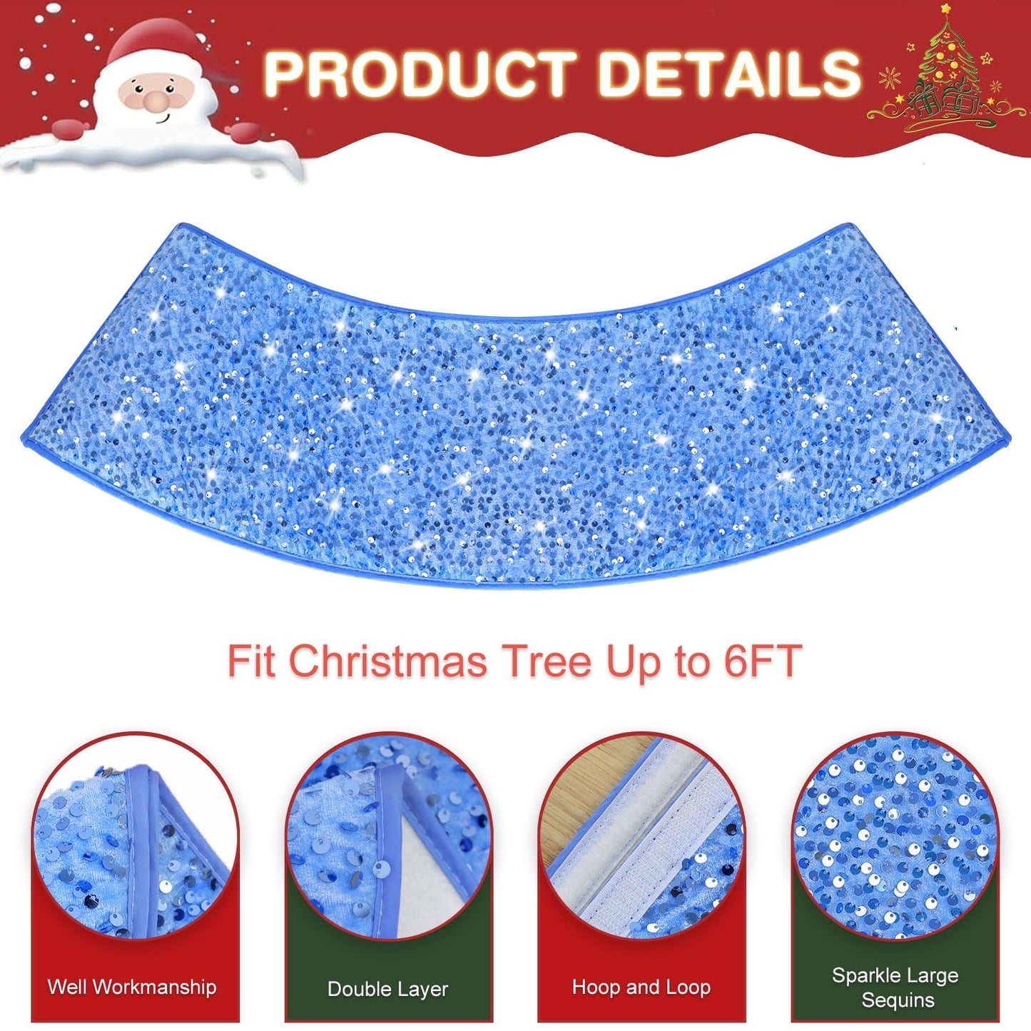 PATYDEST Blue Christmas Tree Collar Sequin Christmas Tree Skirt Velvet 23.6 Inches Baby Blue Tree Skirt Box Personalized Glitter Tree Skirts Christmas Tree Ring Family Tree Stand Cover for Xmas Decor