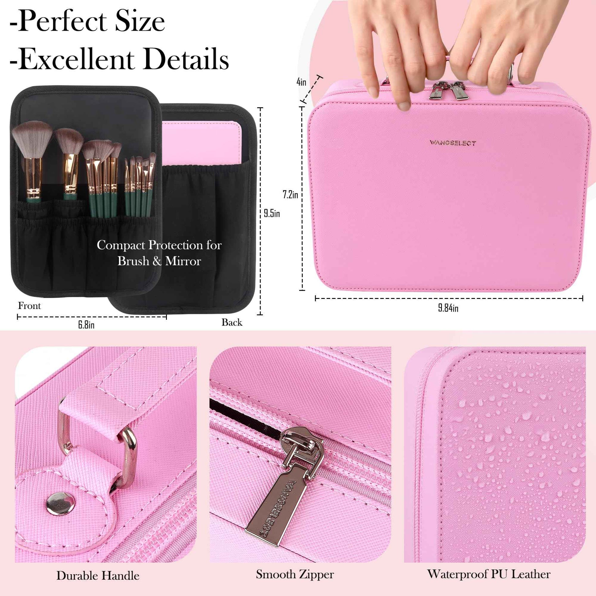 WangSelect Travel Makeup Bag with Light-up Mirror Portable Cosmetic Organizer Train Case with Adjustable Dividers & Brushes Holder &1X/10X Magnifying Compact Mirror & Eyebrow Trimmer- Pink