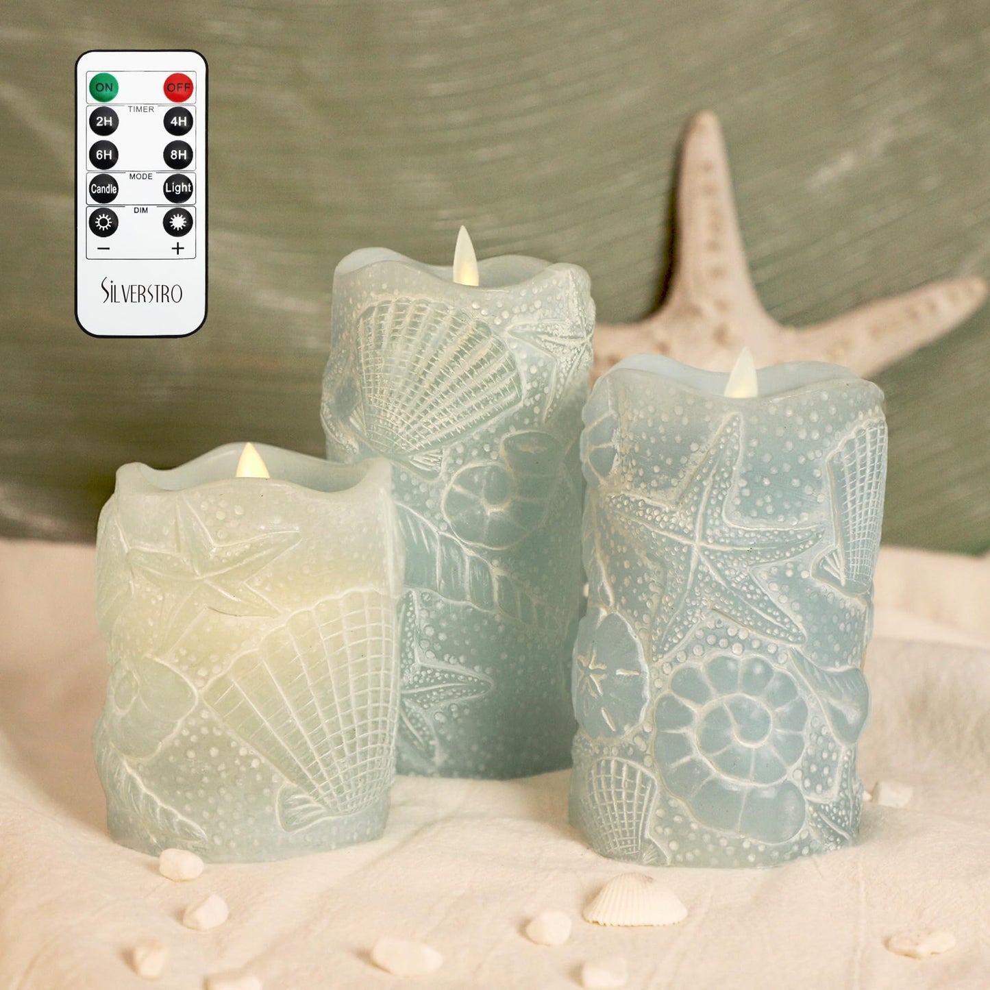 Silverstro Ocean Flameless Candles Remote Carved Seashell Real Wax Flicker Battery Operated Candles for Home Party Wedding Nautical Thanksgiving Christmas Decor - Set of 3(Blue)