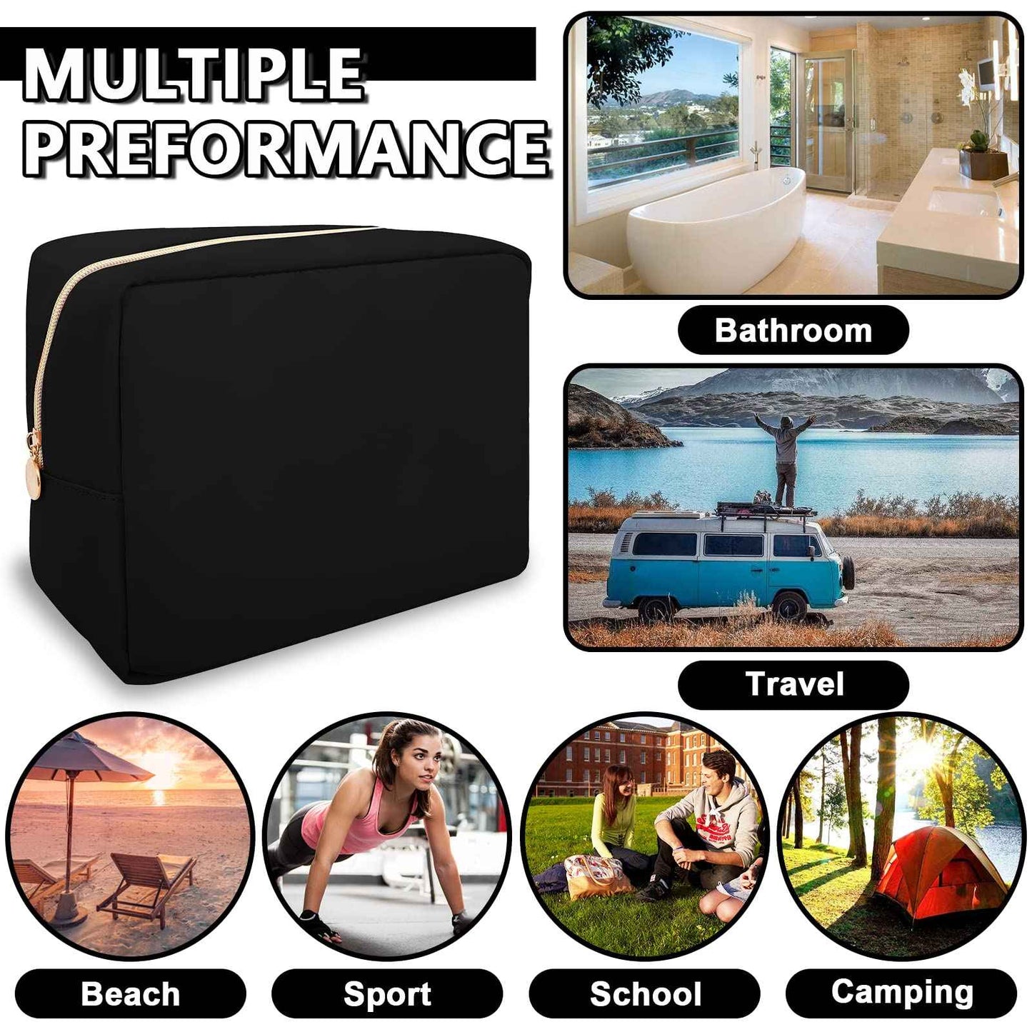 UIXIZQ Waterproof Large Makeup Pouch,Nylon Women Travel Toiletry Storage Preppy Cosmetic Bag for Girls,Big Makeup Organizer Bag Cute Zipper Pouch for Sport Work Gift(Large-Black)