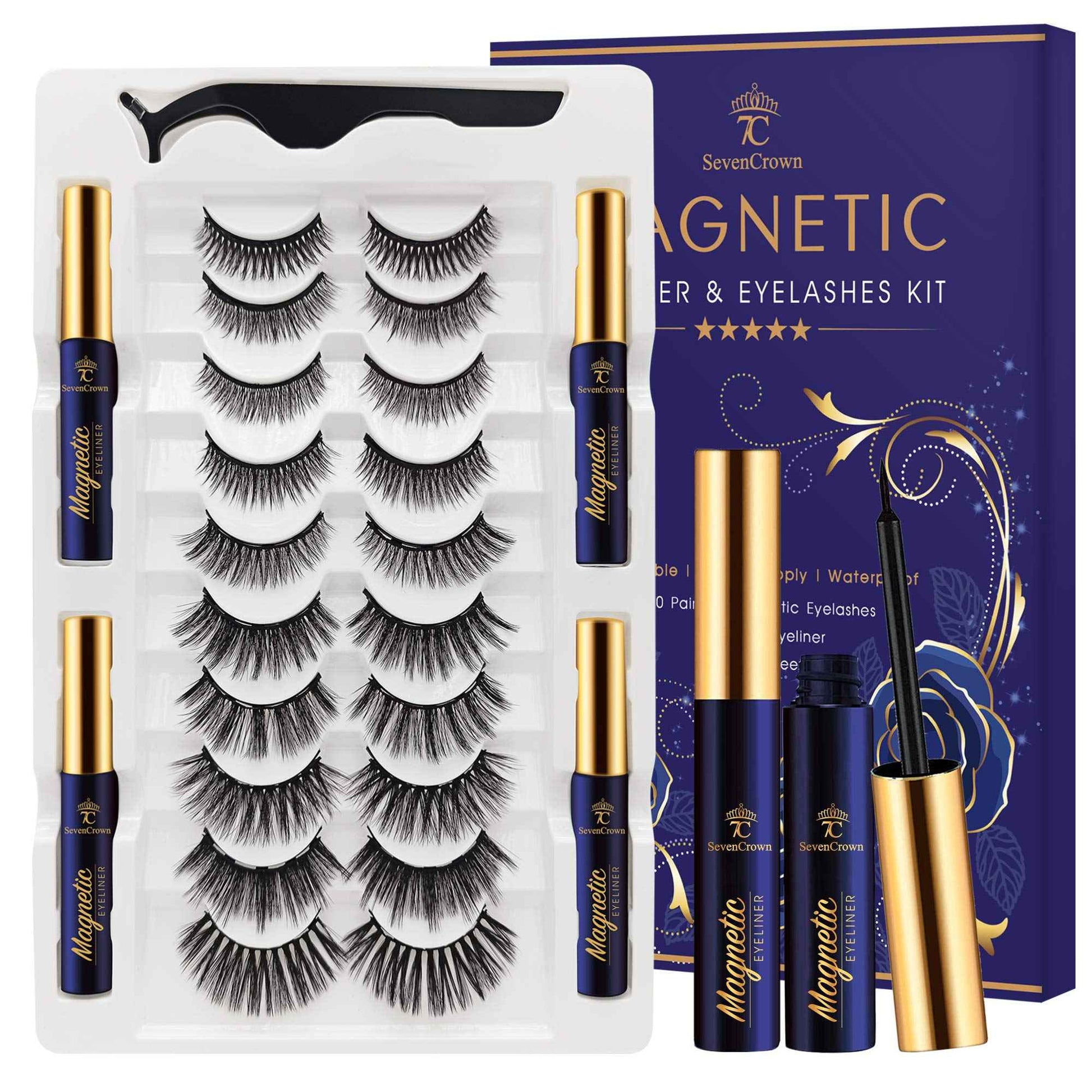 SevenCrown Magnetic Lashes Natural Looking Kit - 10 Pairs Reusable Magnetic Eyelash Kit with Applicator, Easy to Apply