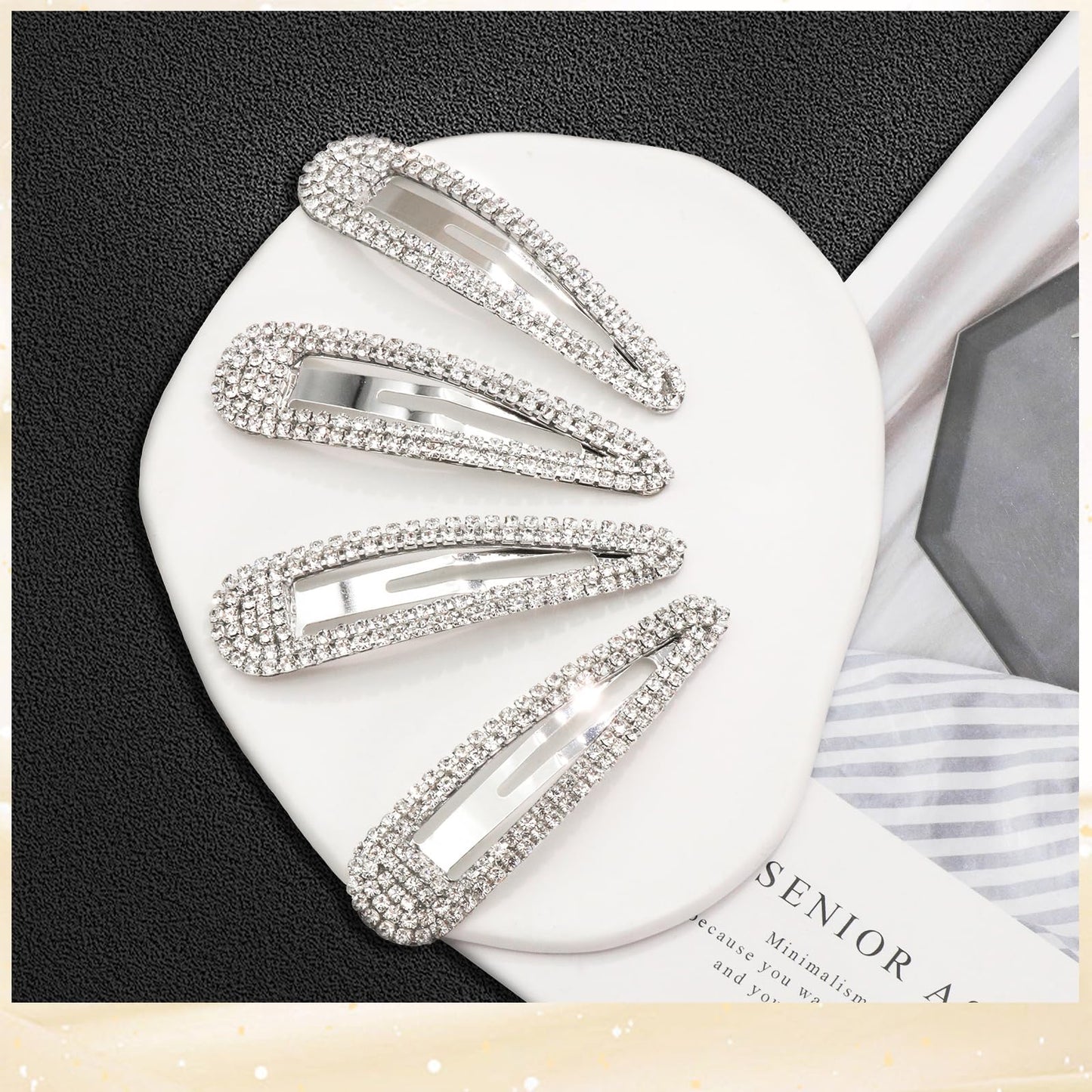 FULZTEY 4 Pcs Silver Rhinestone Hair Clips for Women Girls Metal Snap Hairpins Bling Crystal Hair Barrettes Glitter Diamond Barrettes Duckbill Side Hair Clip Decorative Makeup Hair Accessories