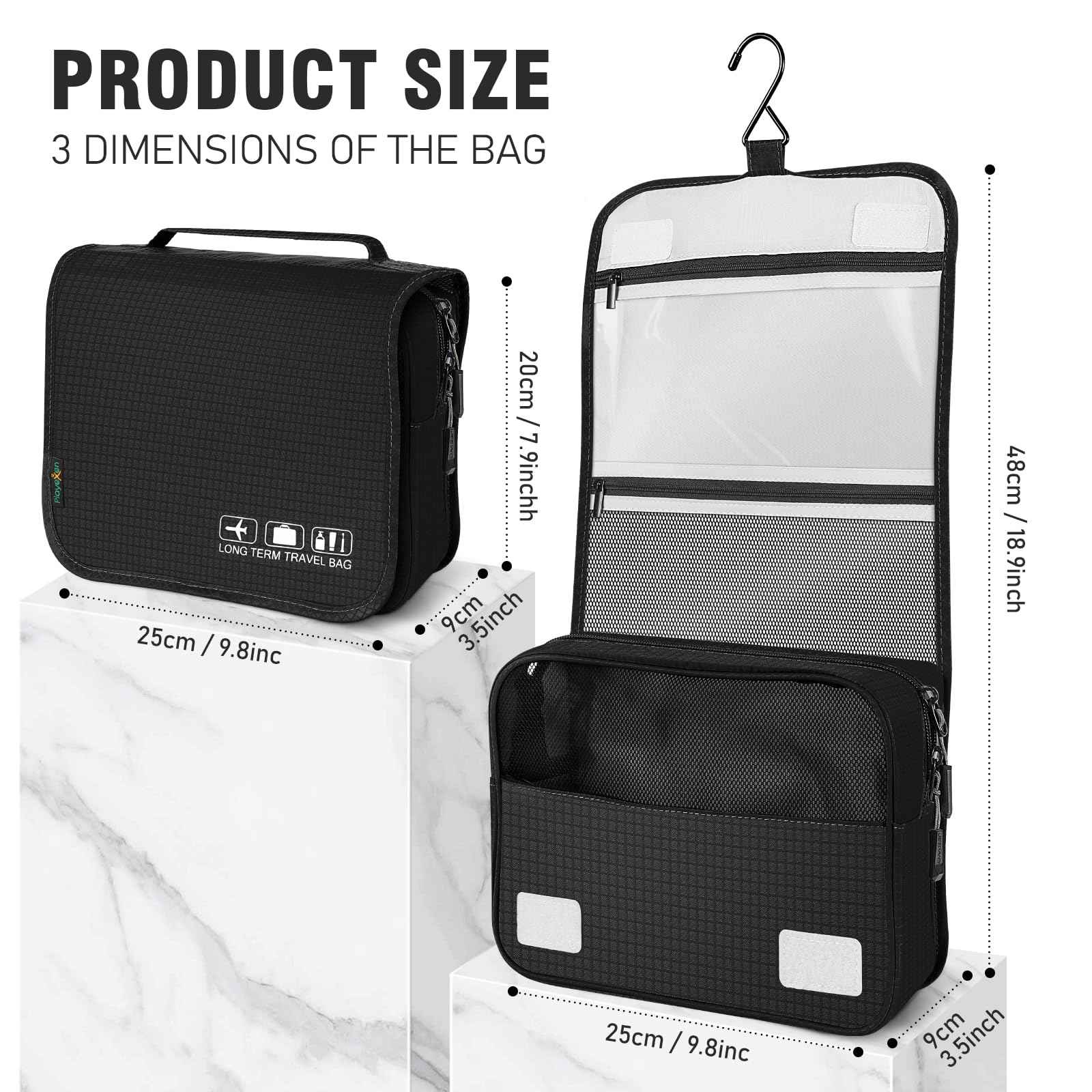 Playexen Hanging Travel Toiletry Bag, Portable Travel Cosmetic Organizer Bag for Women Men, Waterproof Toiletries Wash Bag with 4 Compartments & Hanging Hook (Black)