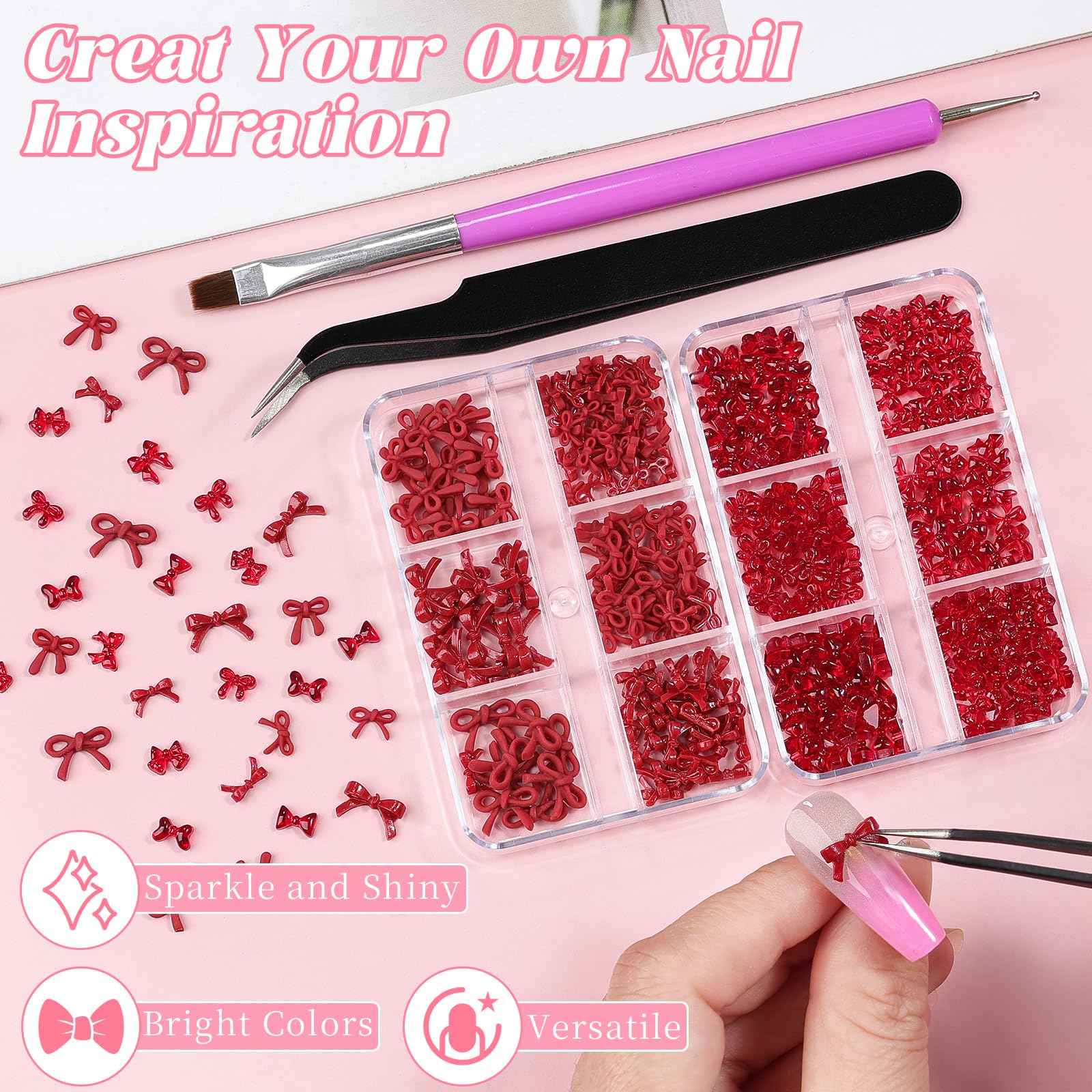 2 Boxes 3D Bow Nail Charms, Red Mini Bow Charms Transparent/Solid Resin Bow with Pickup Tools for Women Nail Decorations DIY Craft