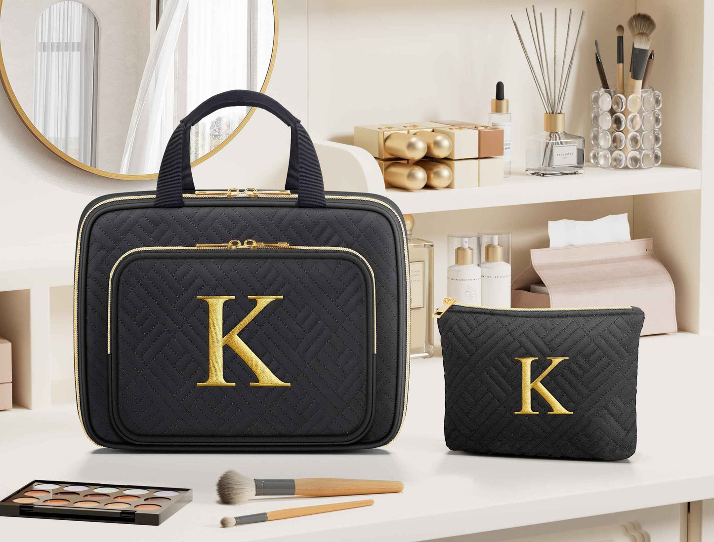 Personalized Gifts for Women, Initial Toiletry Bag Hanging Travel Organizer & Makeup Cosmetic Bag with Embroidery Letter Teacher Appreciation Gift Birthday Christmas Gifts for Mom Wife Friend Sister