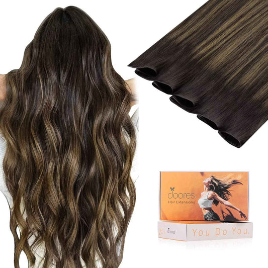 DOORES Sew in Hair Extensions Natural Straight, 18 Inch Balayage Dark Brown to Chestnut Brown 50g, Invisible Weft Hair Extensions Human Hair Virgin