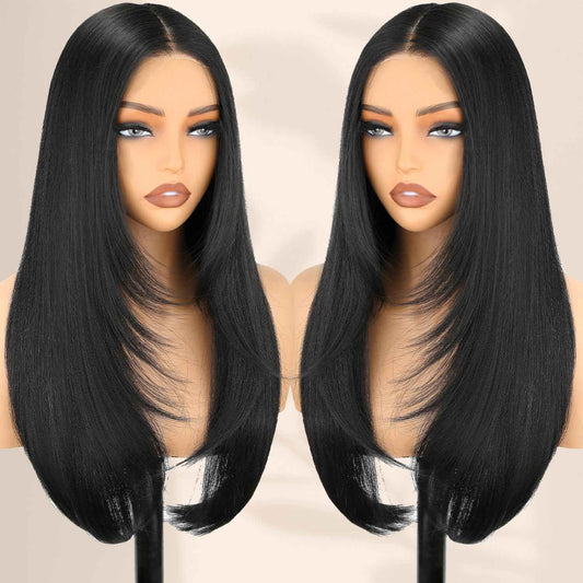 NOSTALGIA Black Wear and Go Glueless Wigs Straight Lace Front Wig Pre Cut Glueless Synthetic Layered Wig 24 Inch Middle Part Closure Wig For Women